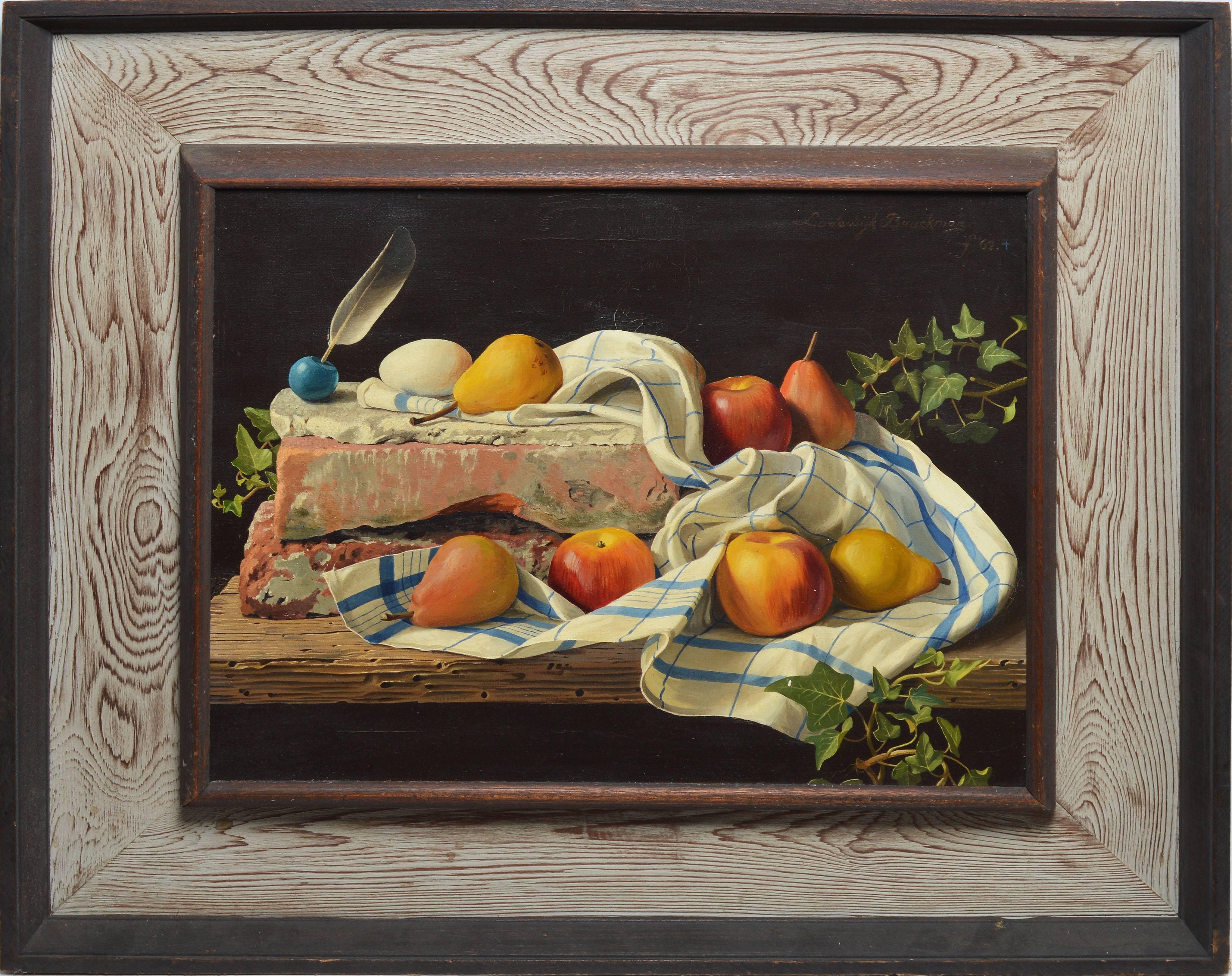 Lodewyk Bruckman Still-Life Painting - Trompe L'Oeil Fruit Still Life by Lodewijk Bruckman