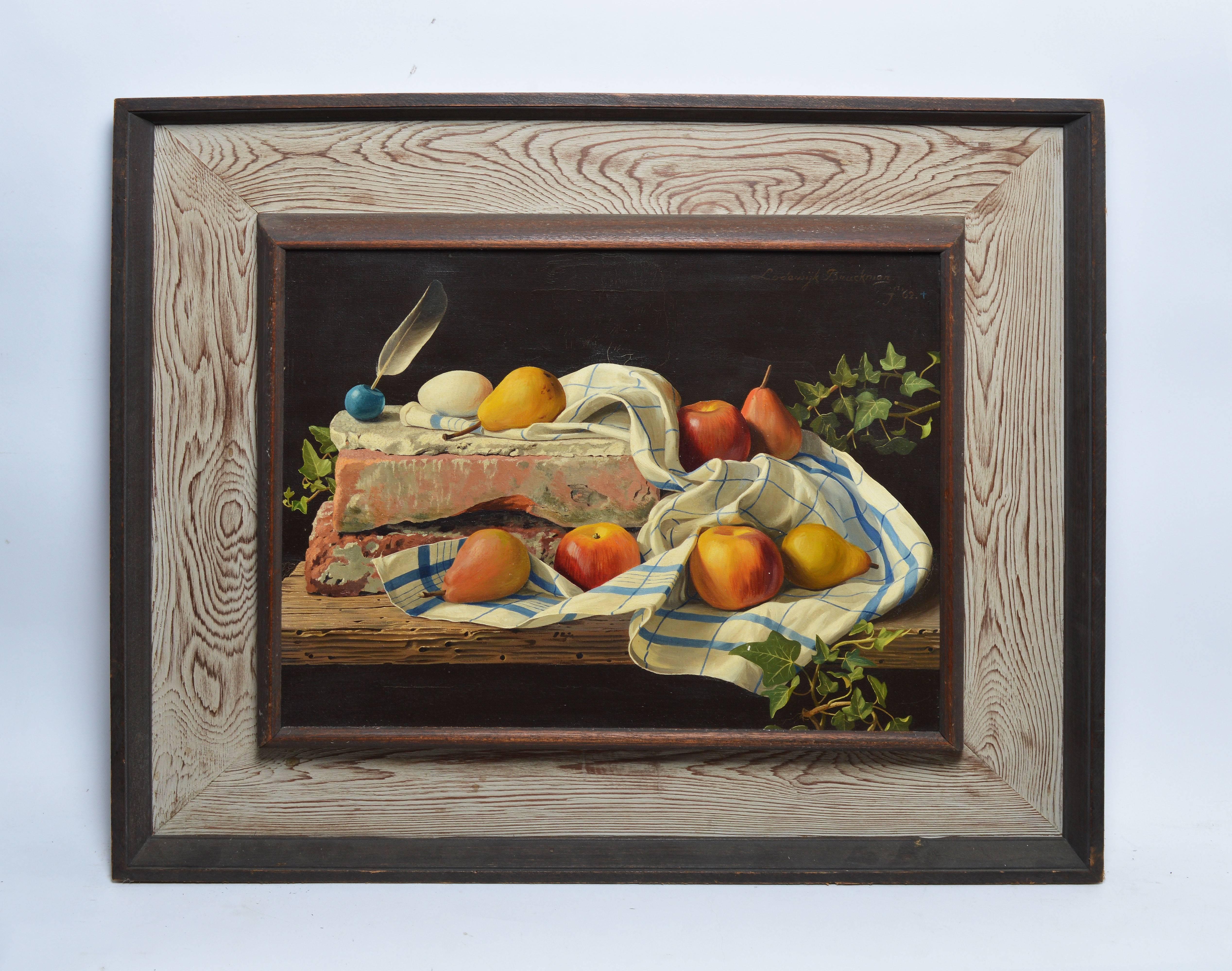 Trompe L'Oeil Fruit Still Life by Lodewijk Bruckman - Painting by Lodewyk Bruckman