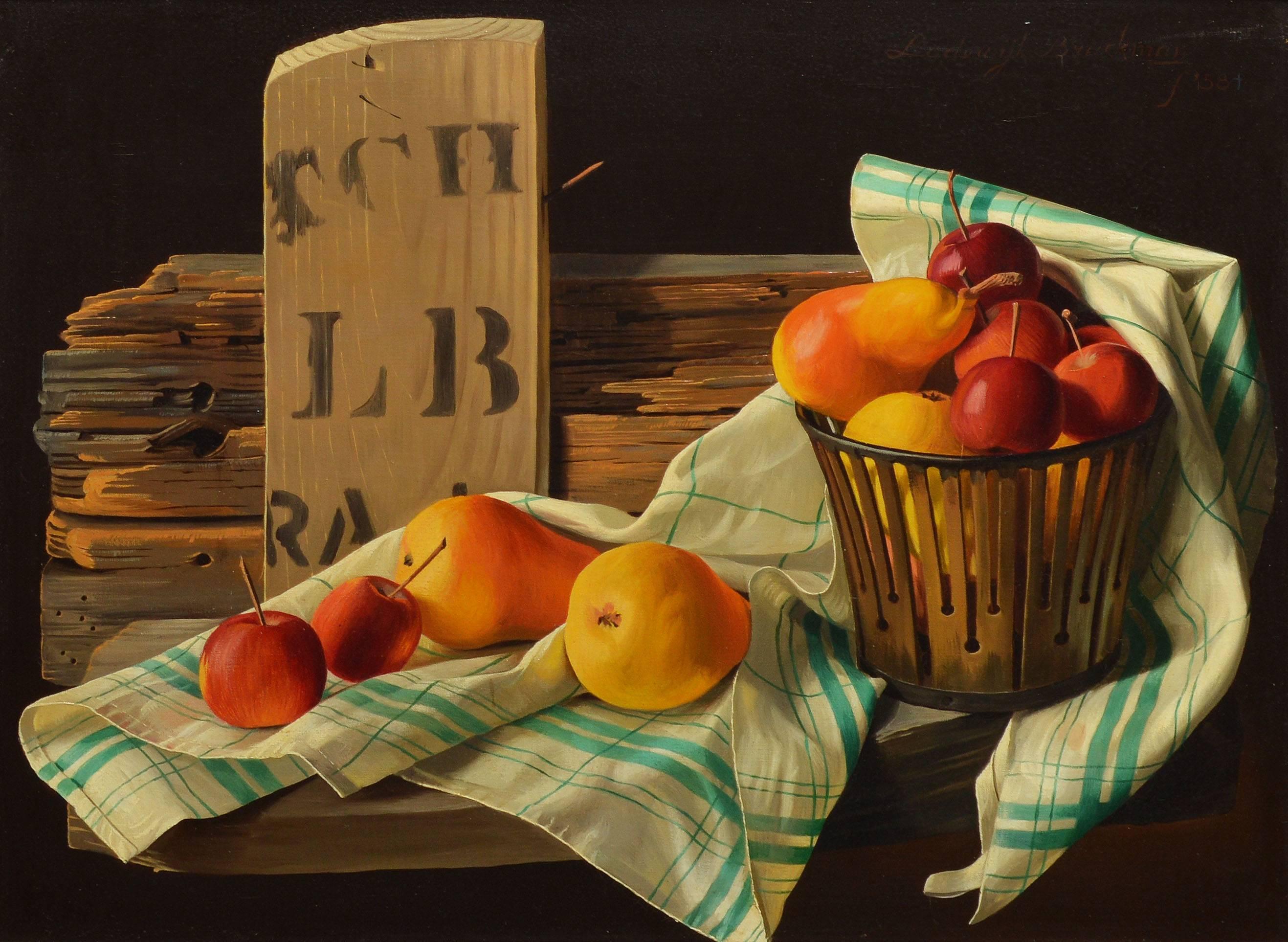 Trompe L'Oeil Fruit Still Life by Lodewijk Bruckman - Realist Painting by Lodewyk Bruckman