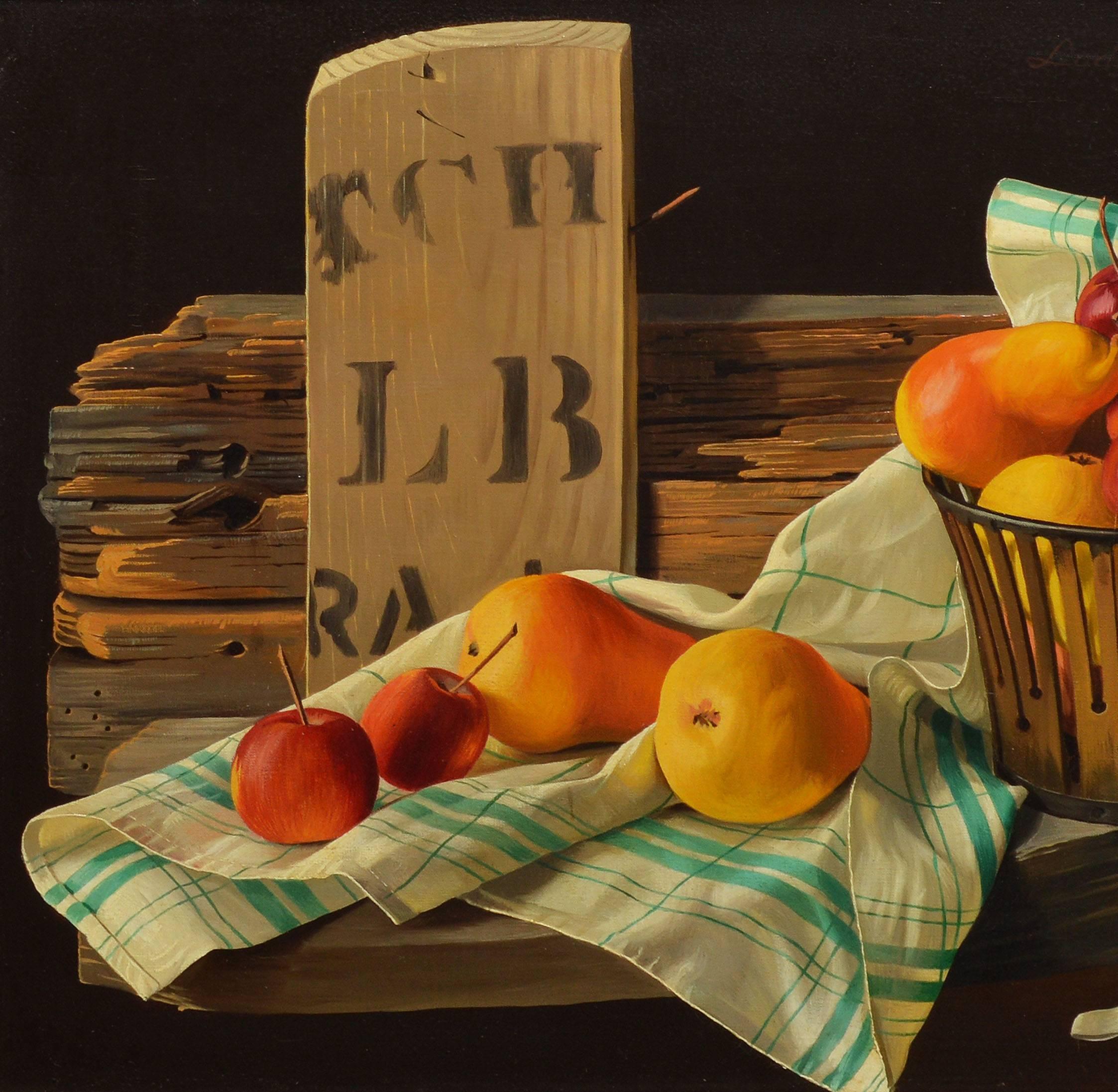 Trompe L'Oeil Fruit Still Life by Lodewijk Bruckman - Brown Still-Life Painting by Lodewyk Bruckman