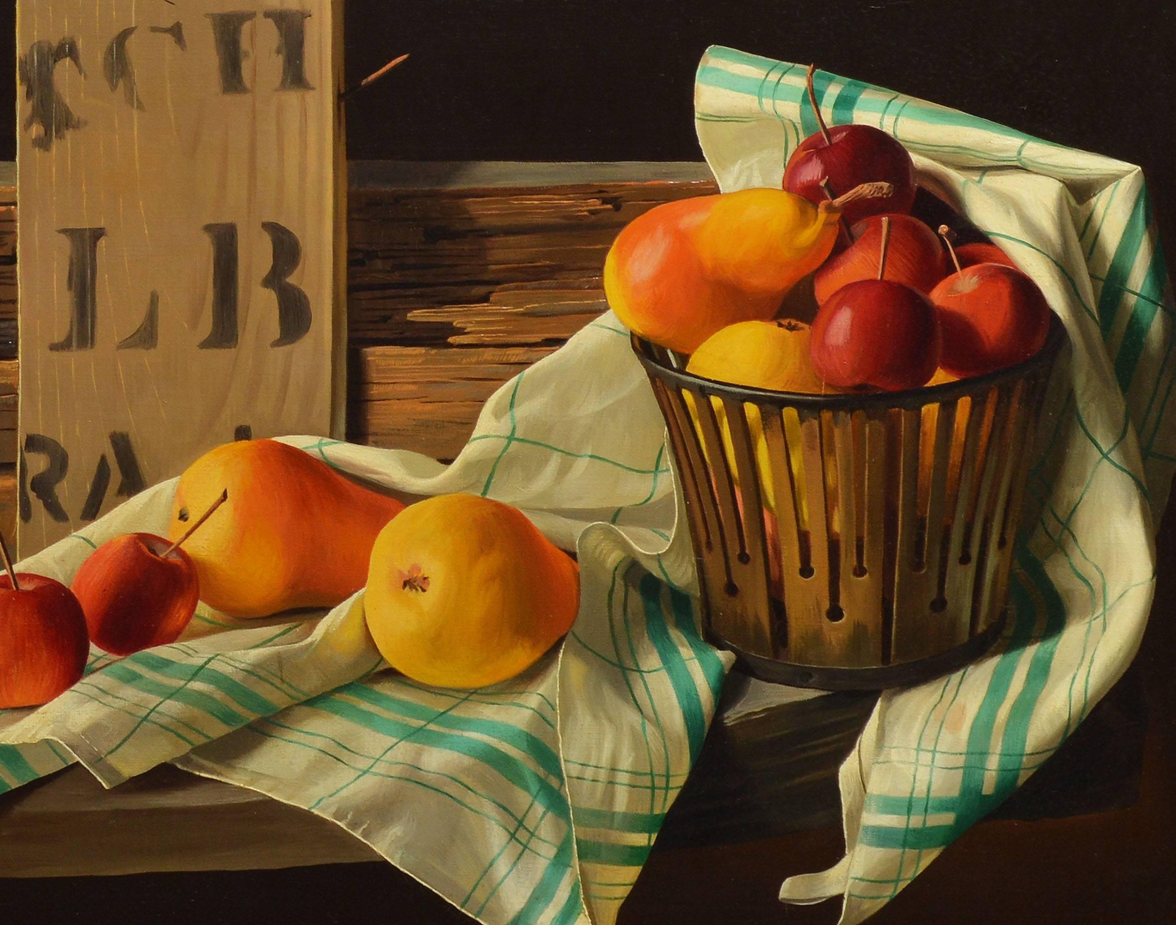 Trompe L'oeil fruit still life painting by Lodewijk Bruckman (1913-1980).  Oil on canvas, circa 1958.  Displayed in a modernist wood frame.  Image size, 20