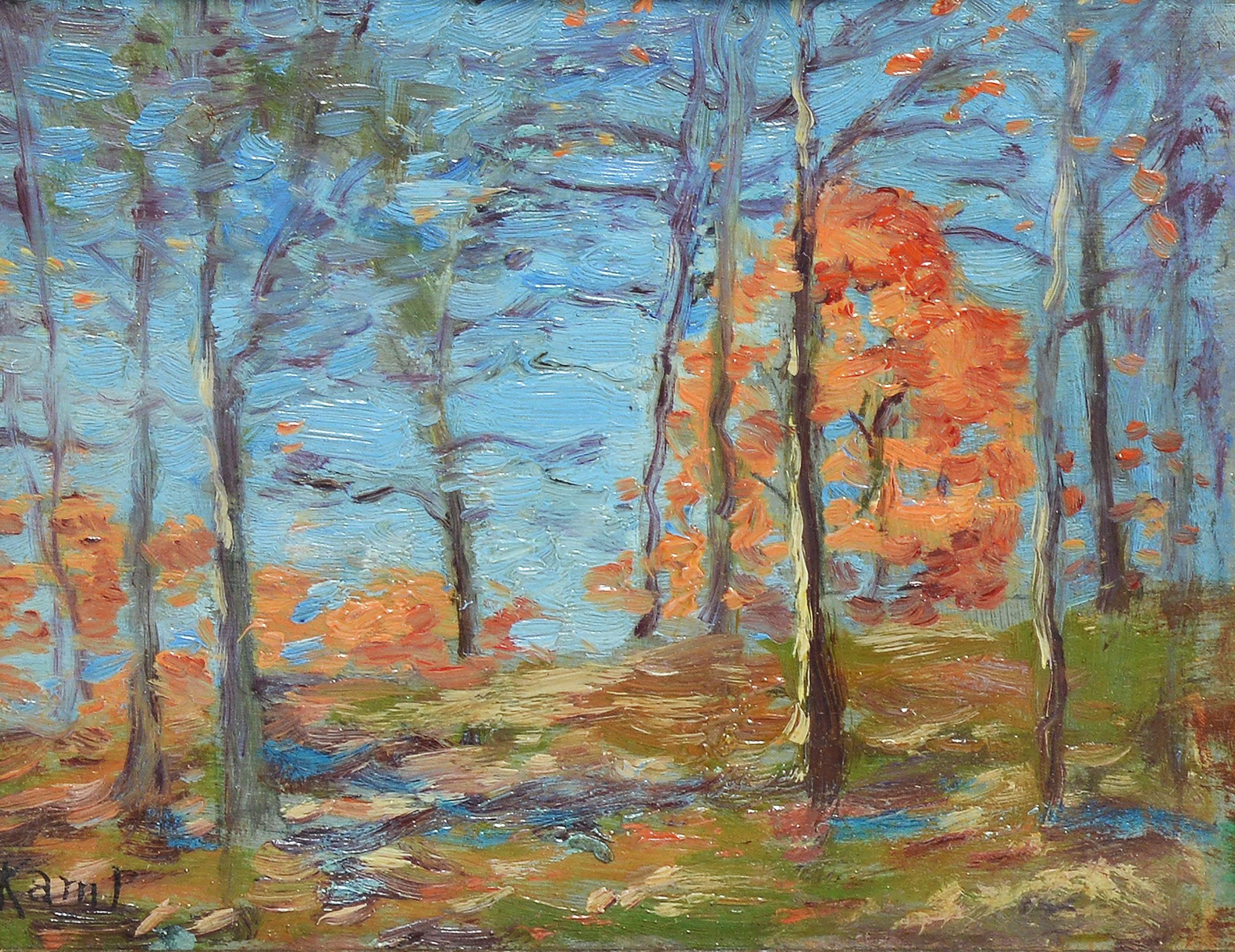 Impressionist Fall landscape by Louise Kamp (1867-1959).  Oil on board, circa 1900.  Signed lower left, 