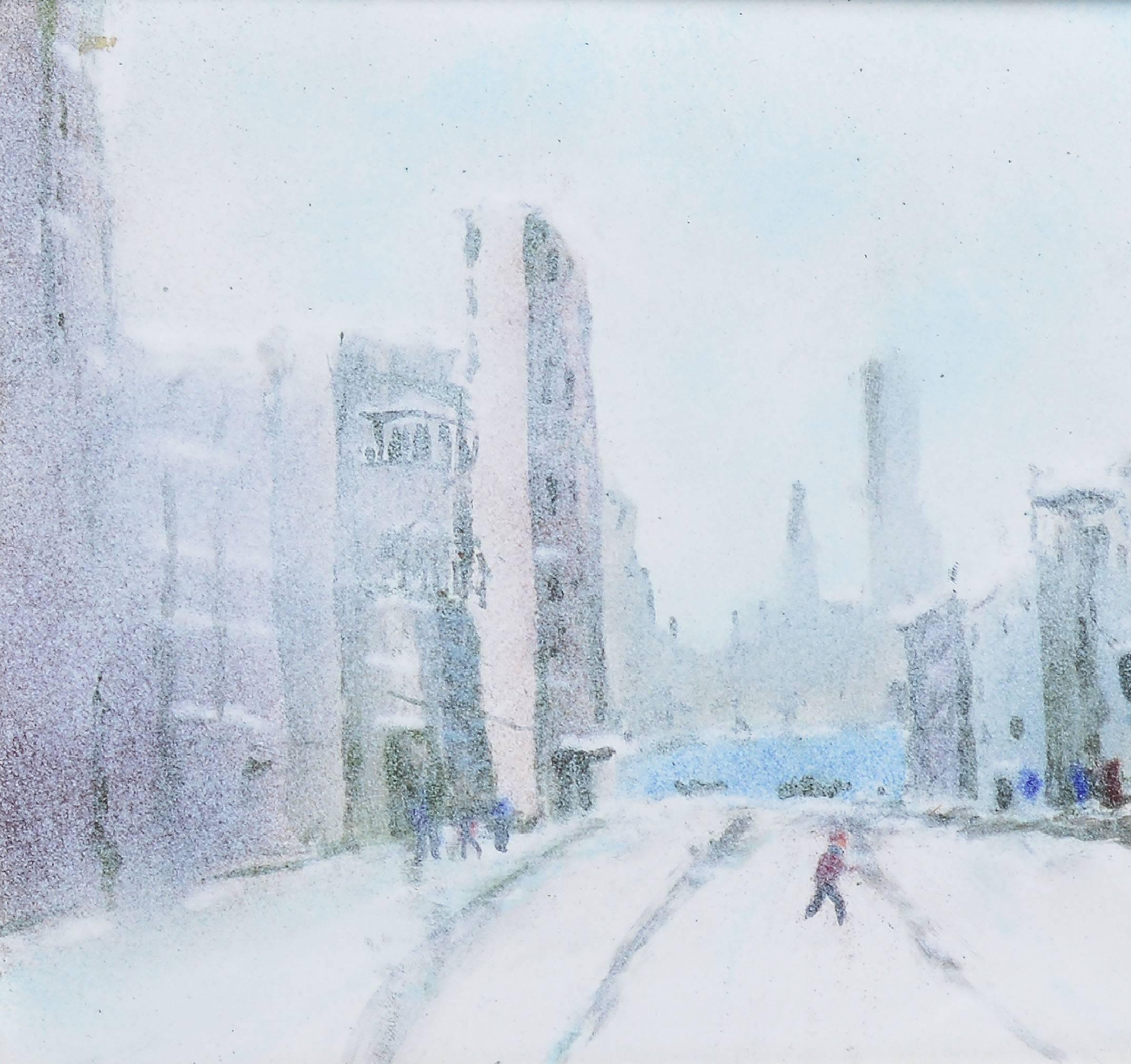 Impressionist view of New York City with the Brooklyn Bridge by Max Karp (b.1916).  Enamel and paint on board.  Signed lower right, "M. Karp".  Displayed in an impressionist frame.  Image size, 12"L x 9"H, overall 19"L