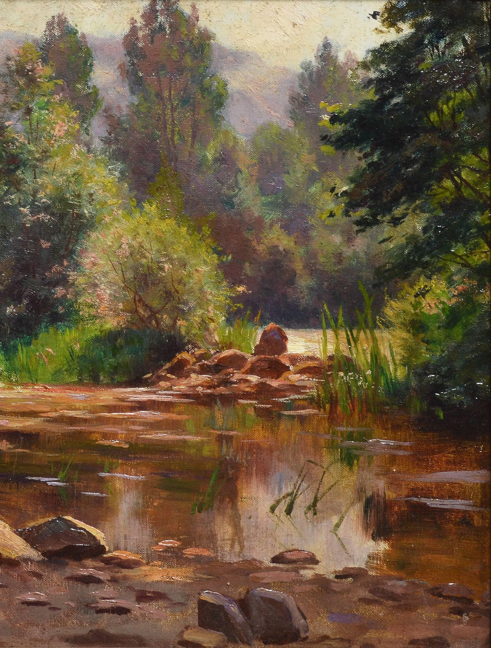 Secluded Forest Landscape Antique Hudson River School Oil Painting 3