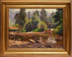 Secluded Forest Landscape Antique Hudson River School Oil Painting
