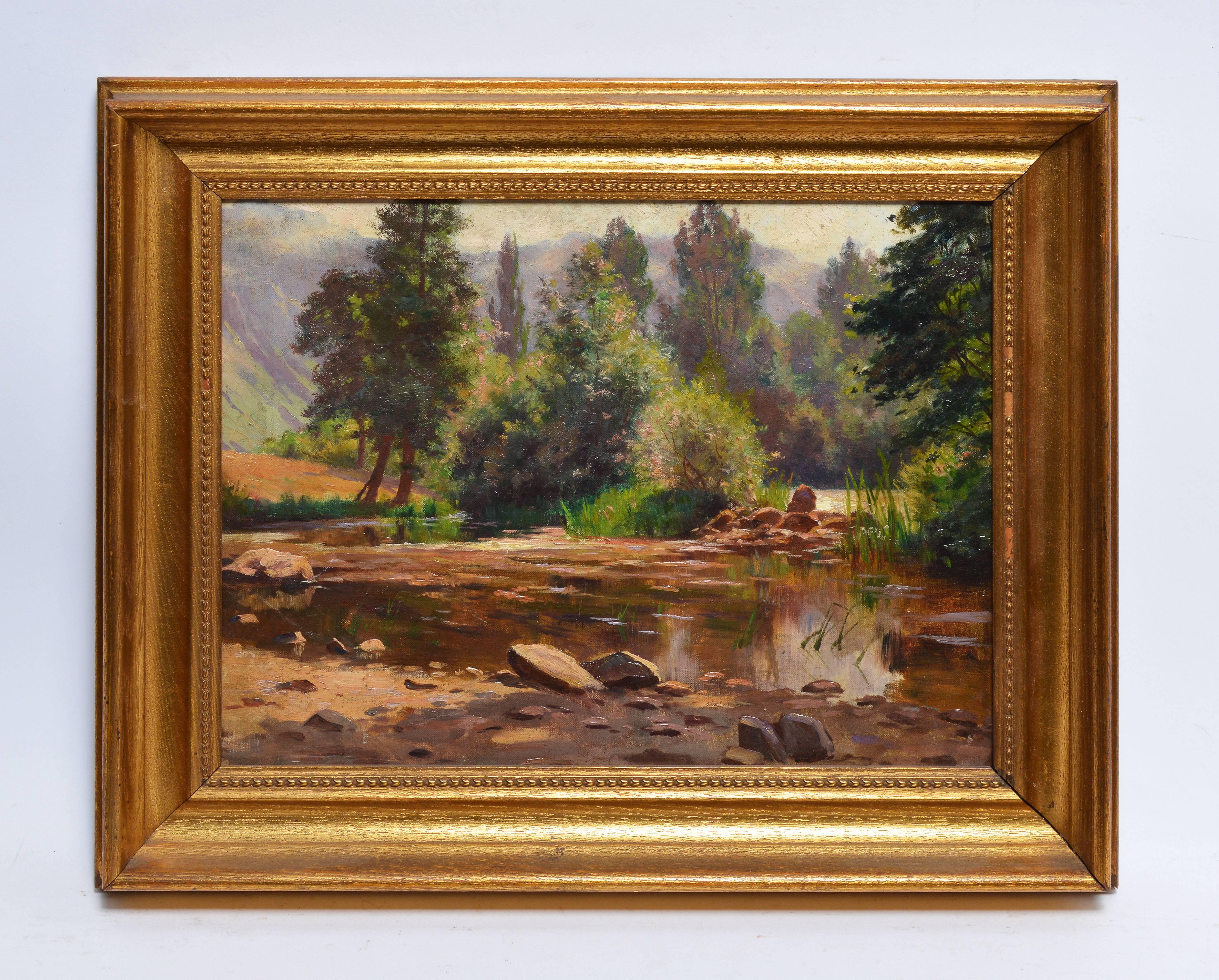 Secluded Forest Landscape Antique Hudson River School Oil Painting - Brown Landscape Painting by Unknown