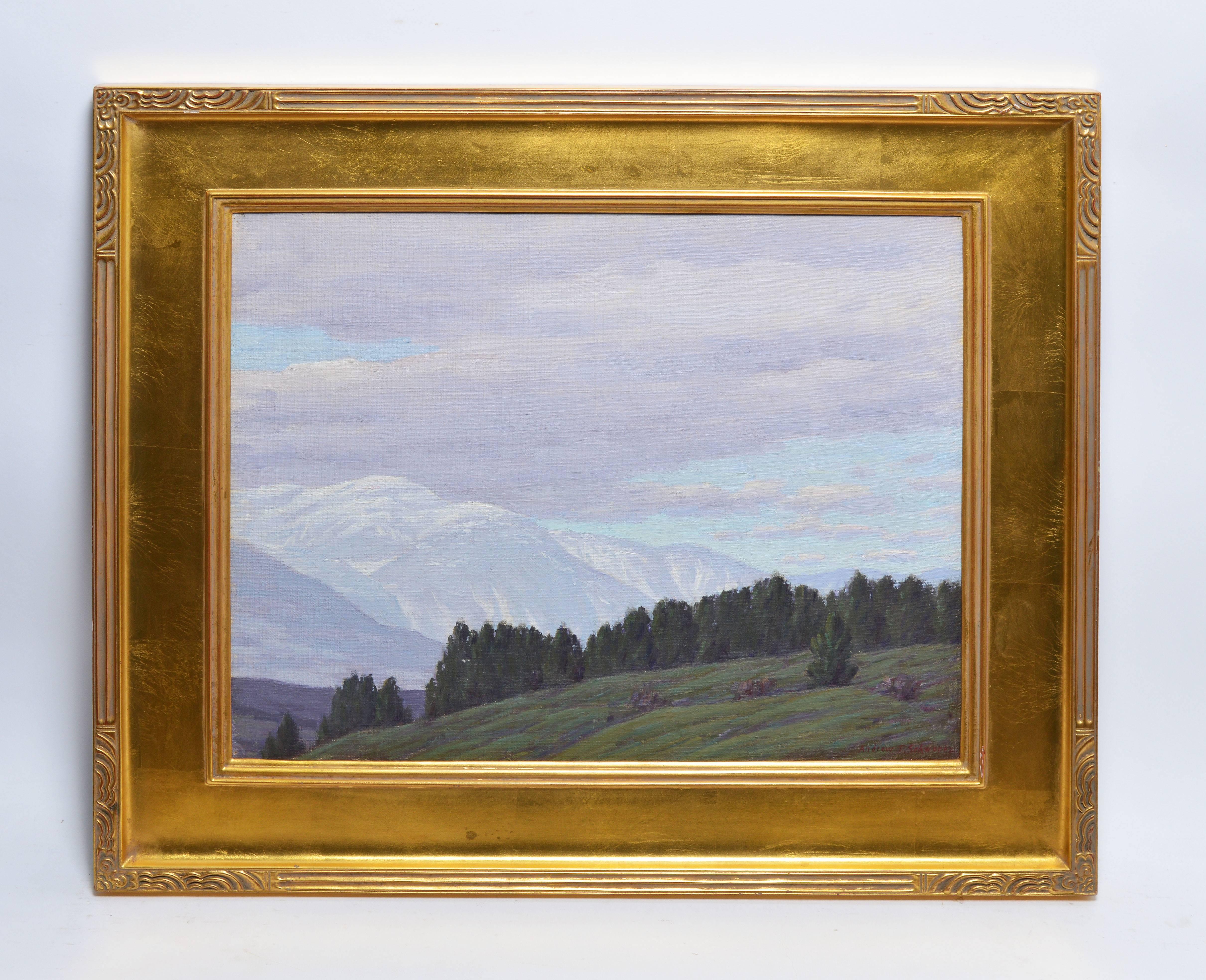 Impressionist mountain landscape by Andrew Thomas Schwartz (1867-1942).  Oil on board, circa 1920.  Signed lower right, "Andrew T. Schwartz".  Displayed in a giltwood frame.  Image size, 20"L x 16"H, overall 27"L x 23"H.