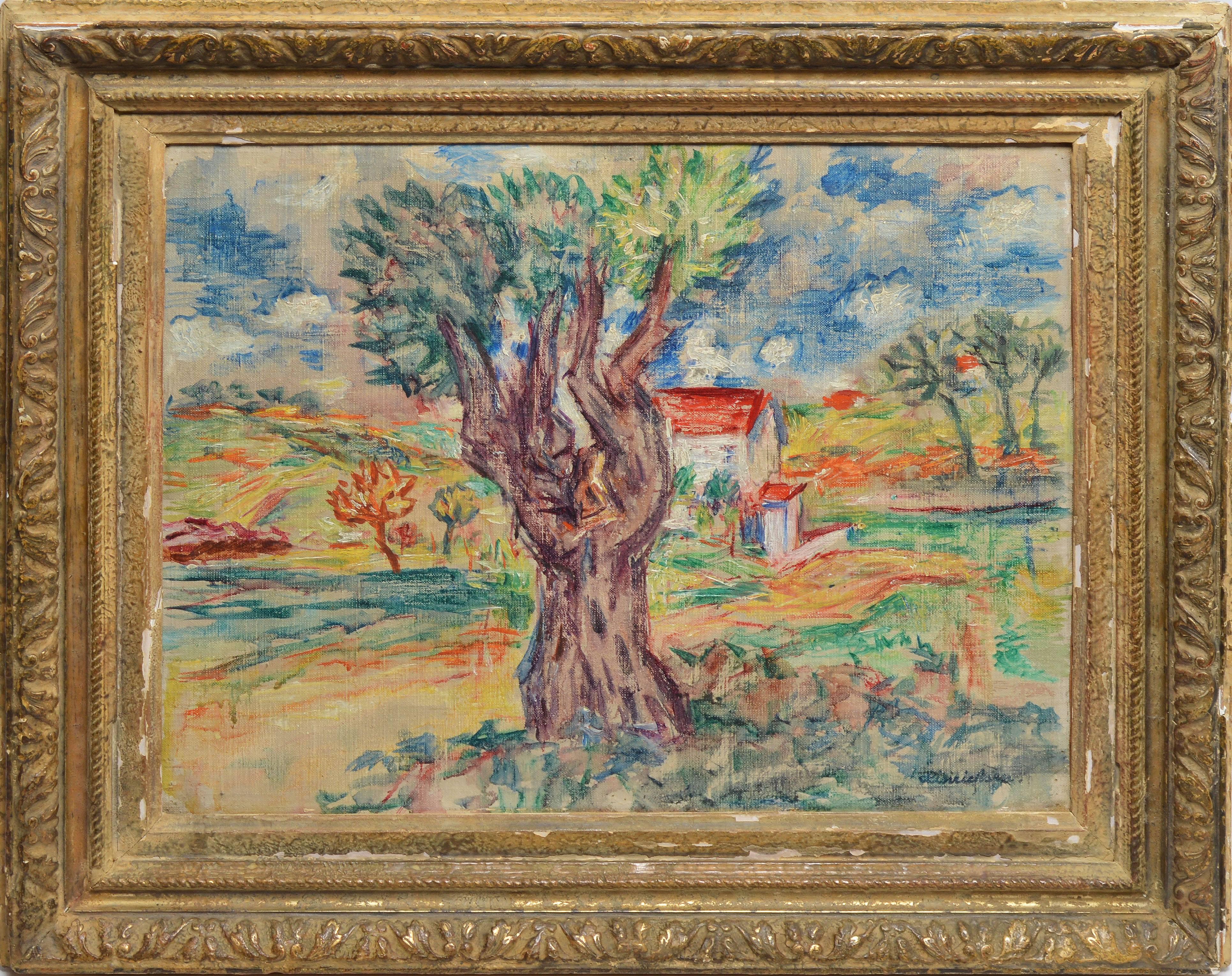 Modernist landscape by Kurt Hinrichsen (1901-1963).  Oil on board, circa 1920.  Displayed in a giltwood frame.  Image size, 16.5"L x 13.5"H, overall 21"L x 18"H.