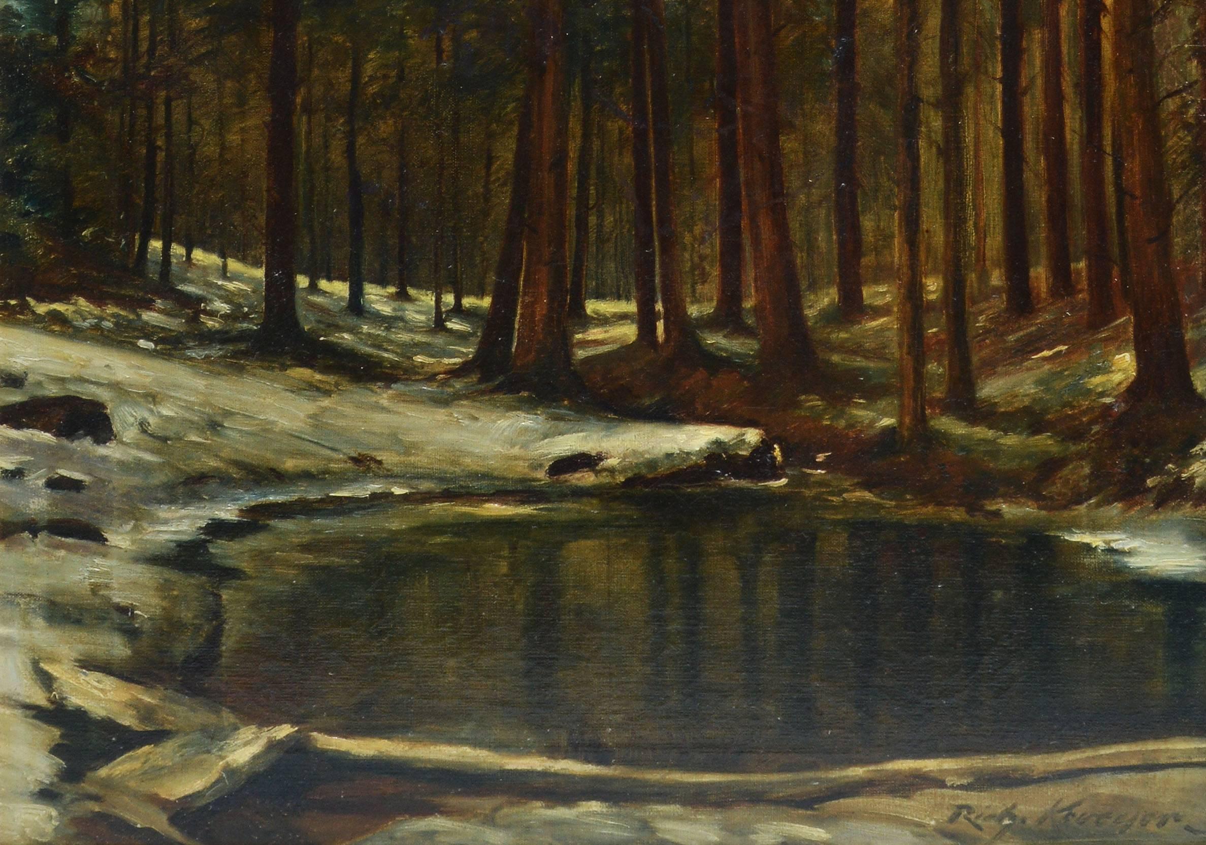 Realist forest landscape with a pond by Richard Kruger (born 1880).  Oil on canvas, circa 1910.  Signed lower right, "Rich Kruger".  Displayed in a giltwood frame.  Image size, 16"L x 20.5"H, overall 19"L x 23"H.