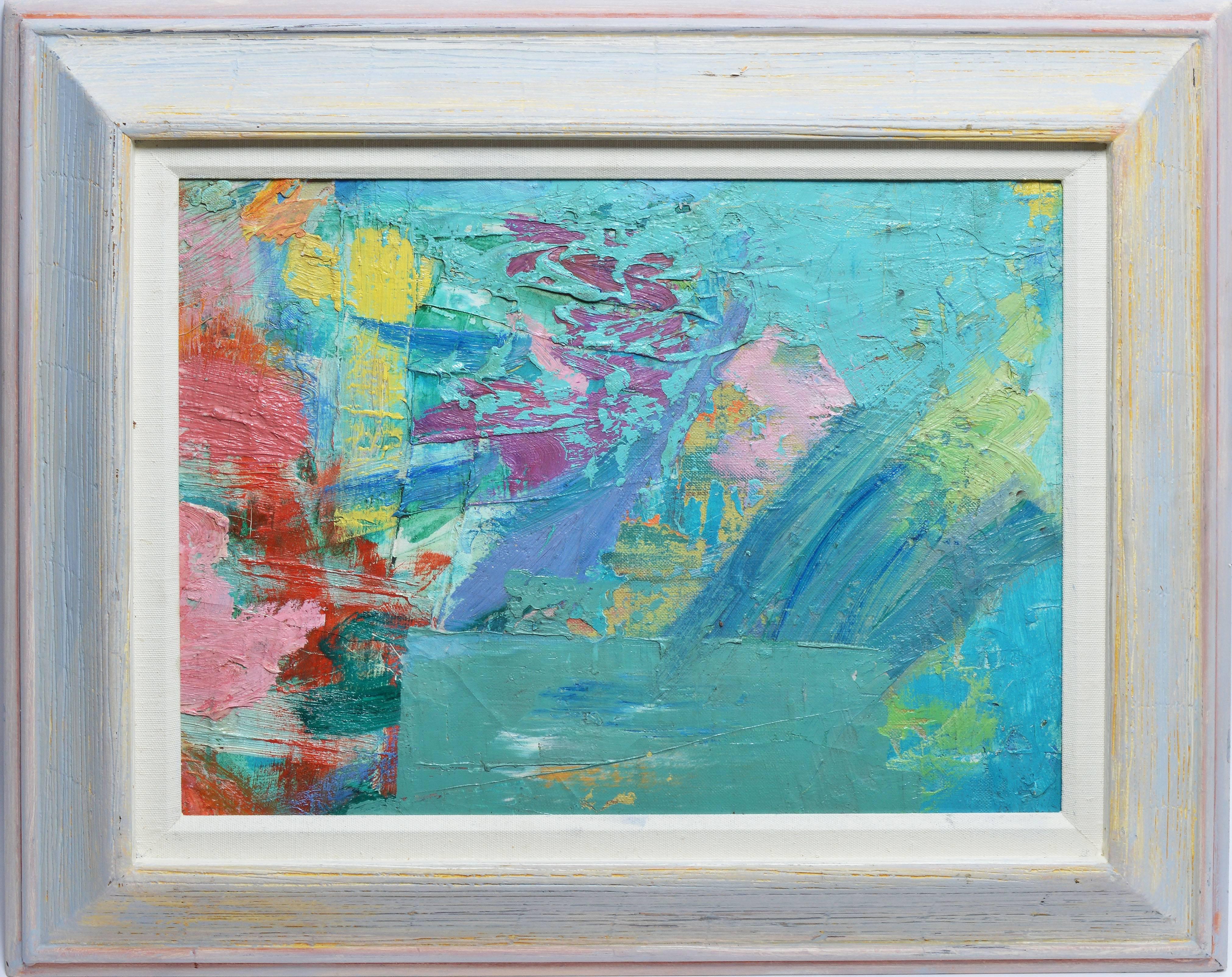 Modernist abstract landscape painting by Morris Shulman (1912-1978).  Oil on board, circa 1940.  Signed on verso, &quot;Morris Shulman&quot;.  Displayed in a period modernist frame.  Image size, 16&quot;L x 12&quot;H, overall 22&quot;L x 18&quot;H.