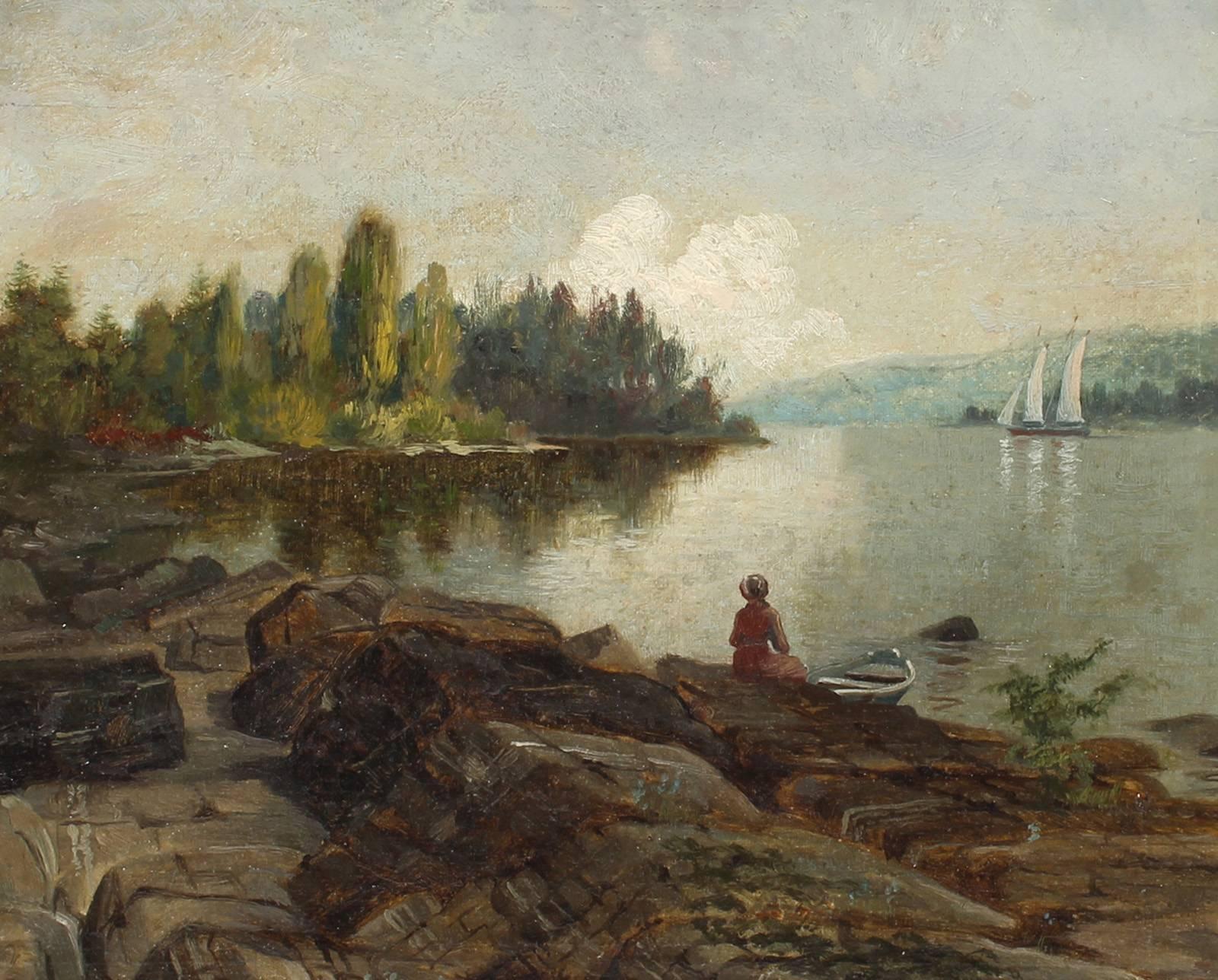 Unknown Landscape Painting - Woman by the Water in the Hudson Valley