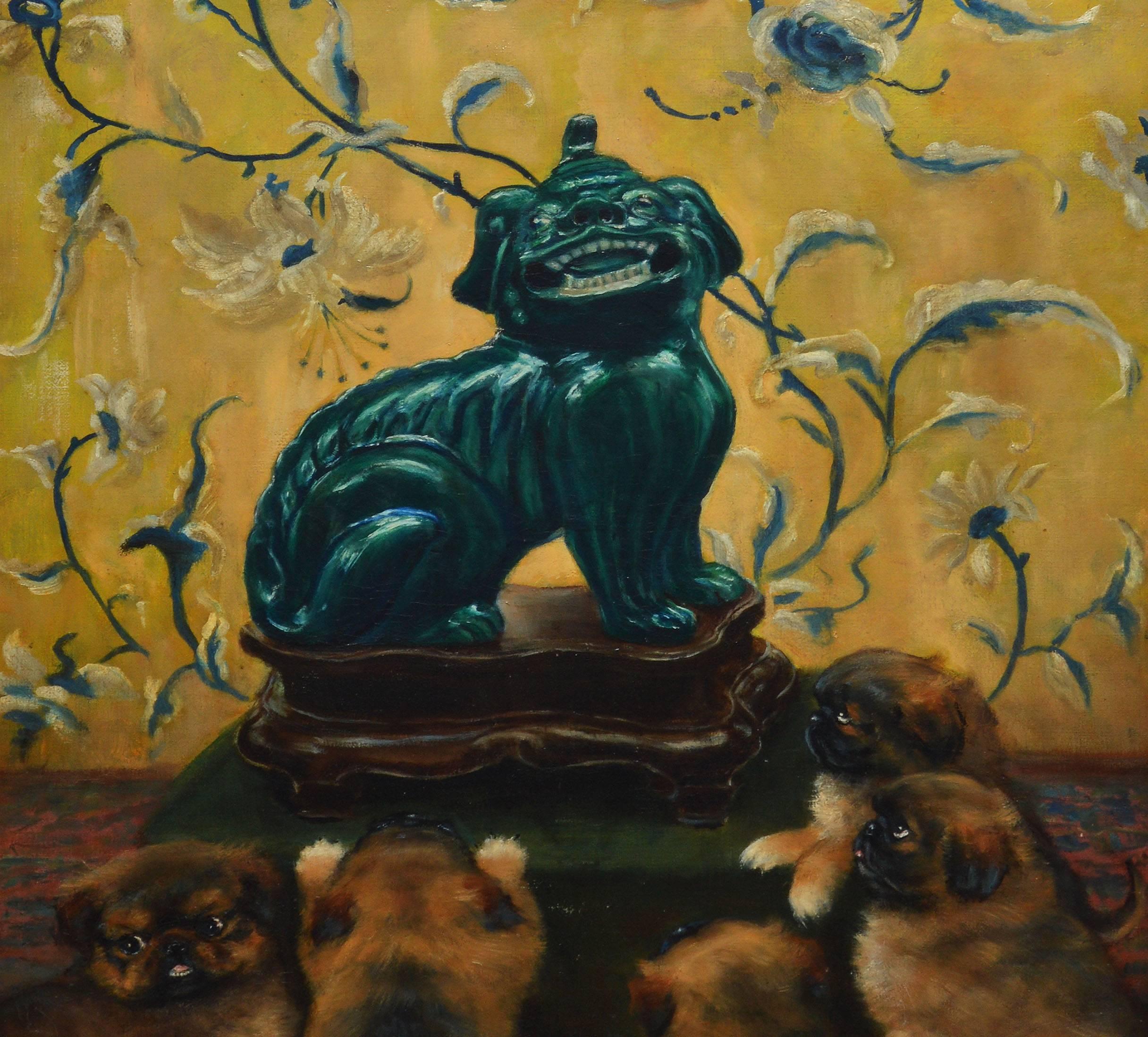 Impressionist painting of a Fu Dog sculpture and adoring puppies.  Oil on canvas, circa 1911.  Signed illegibly lower right.  Displayed in a giltwood frame.  Image size, 20"L x 27"H, overall 25"L x 32"H.