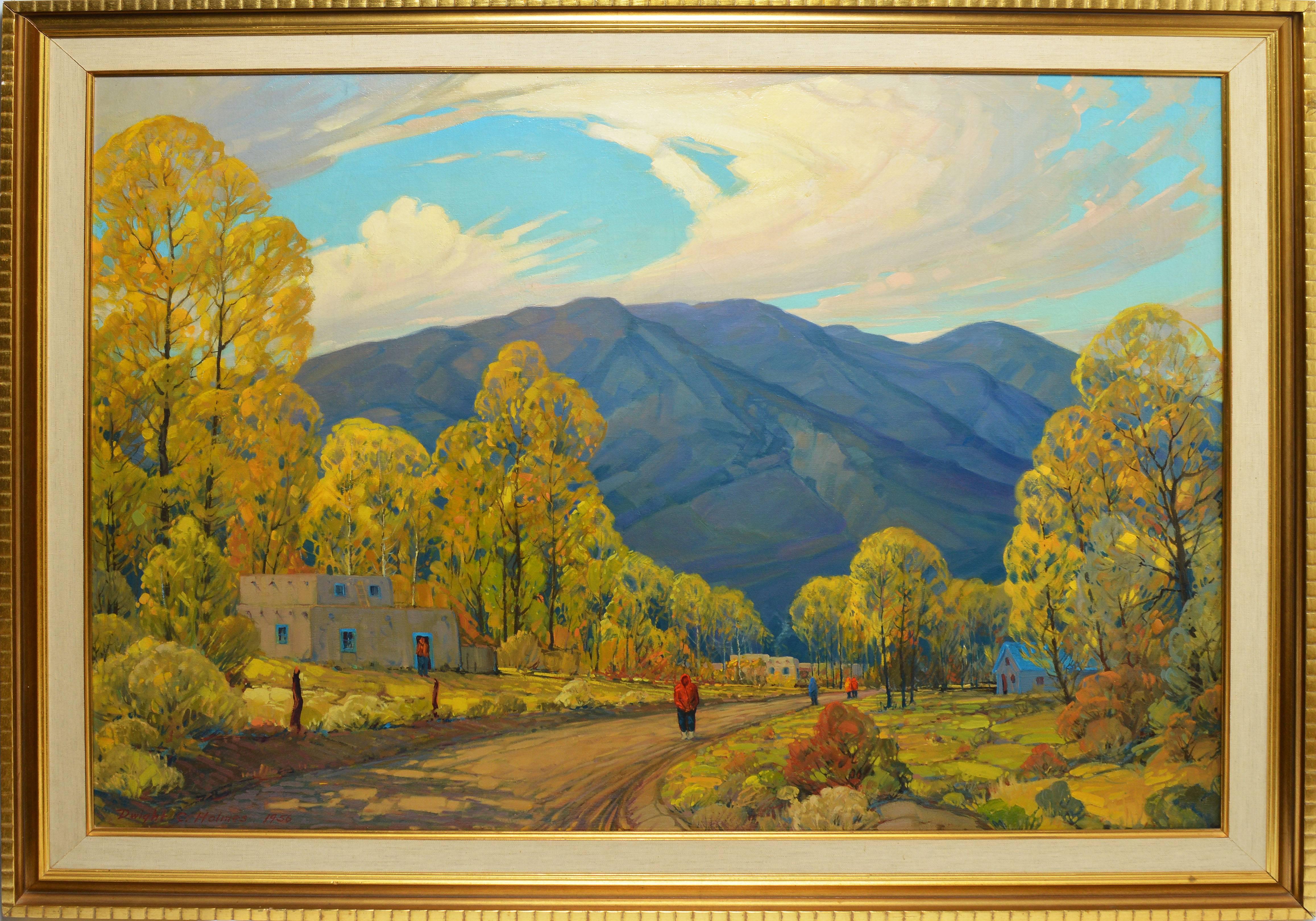 Modernist Southwestern landscape by Dwight Holmes  (1900-1986).  Oil on canvas, circa 1956.  Signed lower left, "Dwight C. Holmes 1956".   Displayed in a giltwood frame with linen liner.  Image size, 40"L x 30"H, overall 46"L x 36"H.