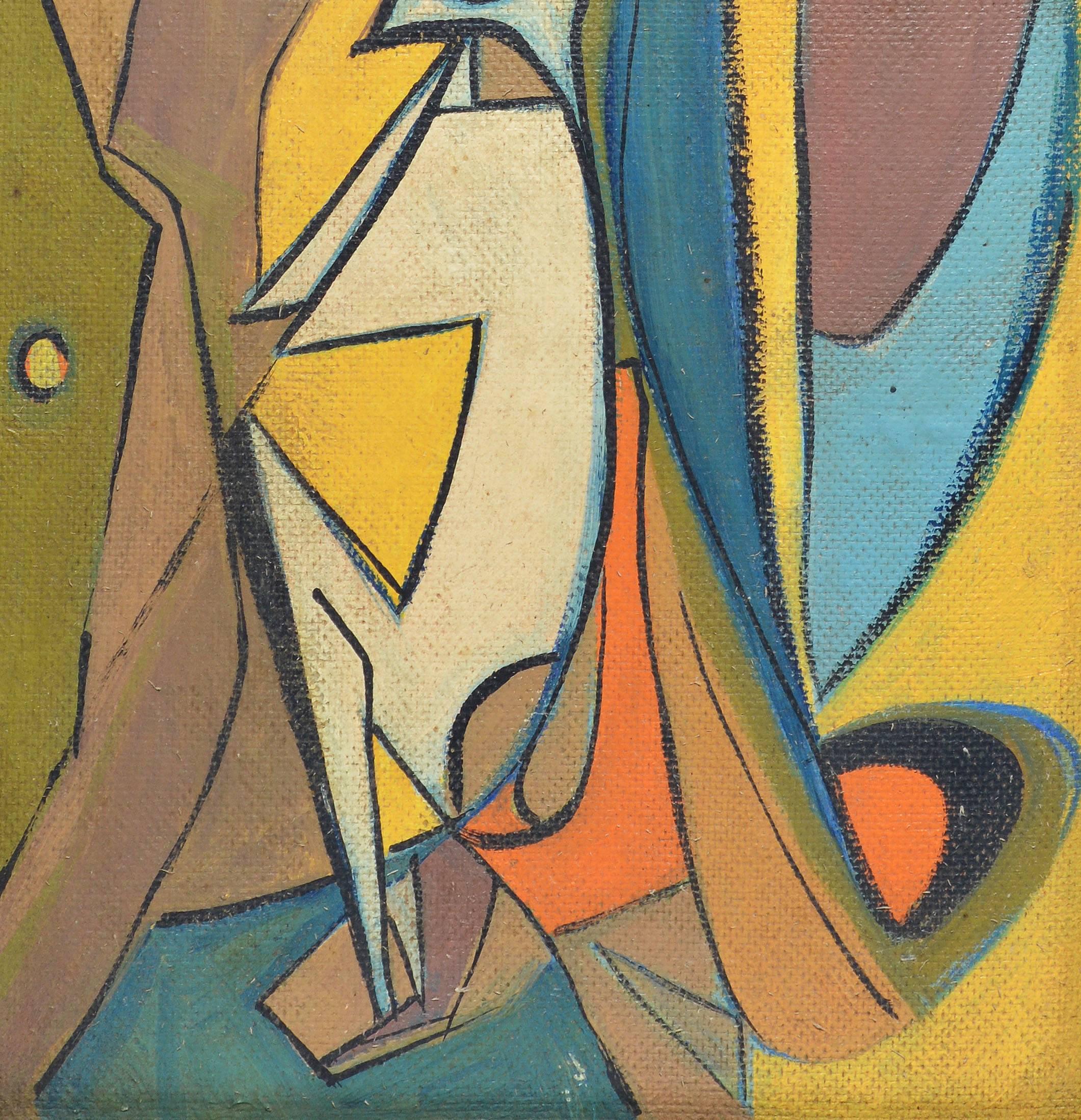 Cubist abstract figural painting.  Oil on board, circa 1940.  Unsigned.  Displayed in a black modernist frame.  Image size, 11