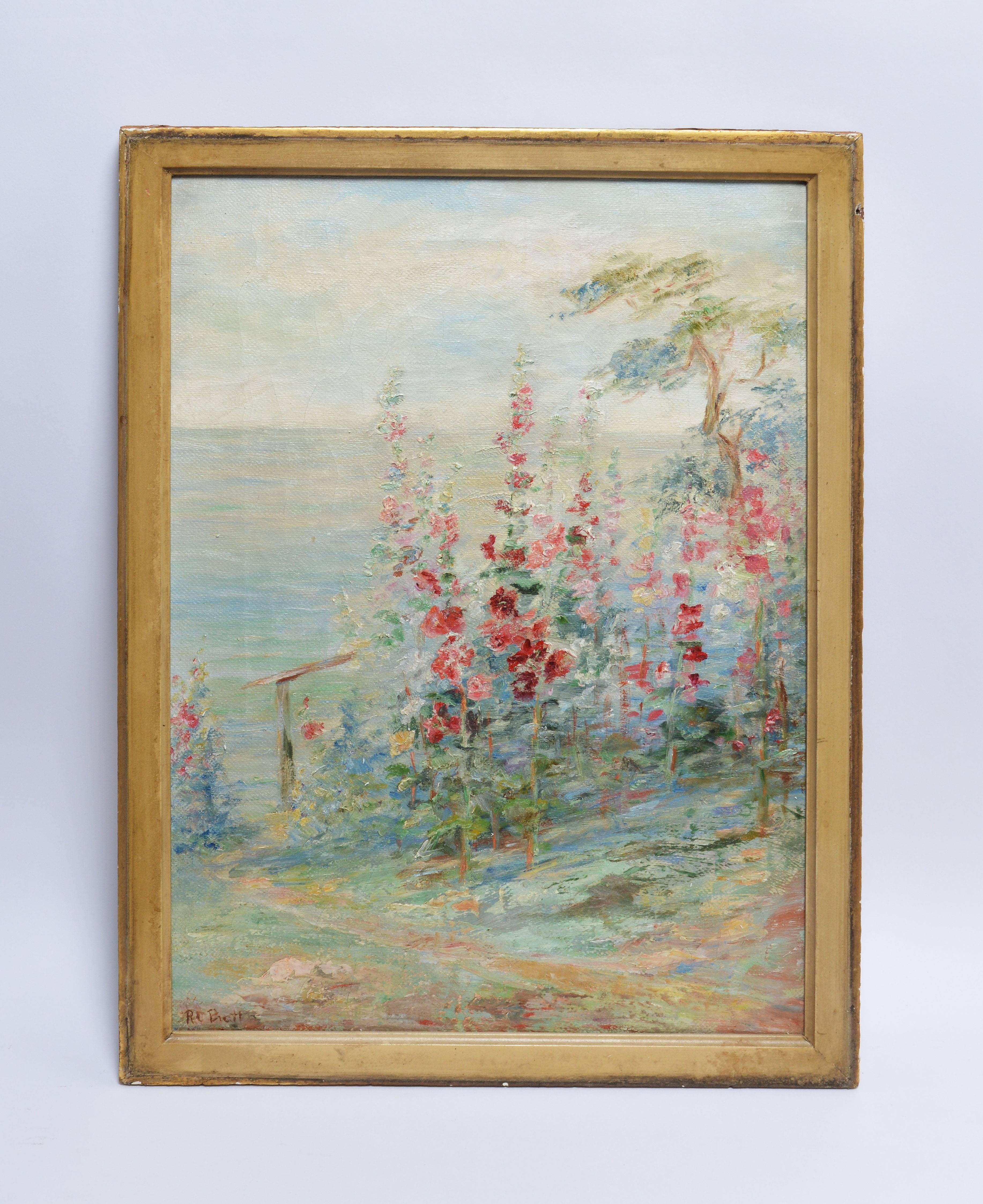 Impressionist landscape near the sea with Hollyhock flowers by Rosalind Clark Pratt  (1857 - 1932).  Oil on canvas, circa 1890.  Signed lower left 