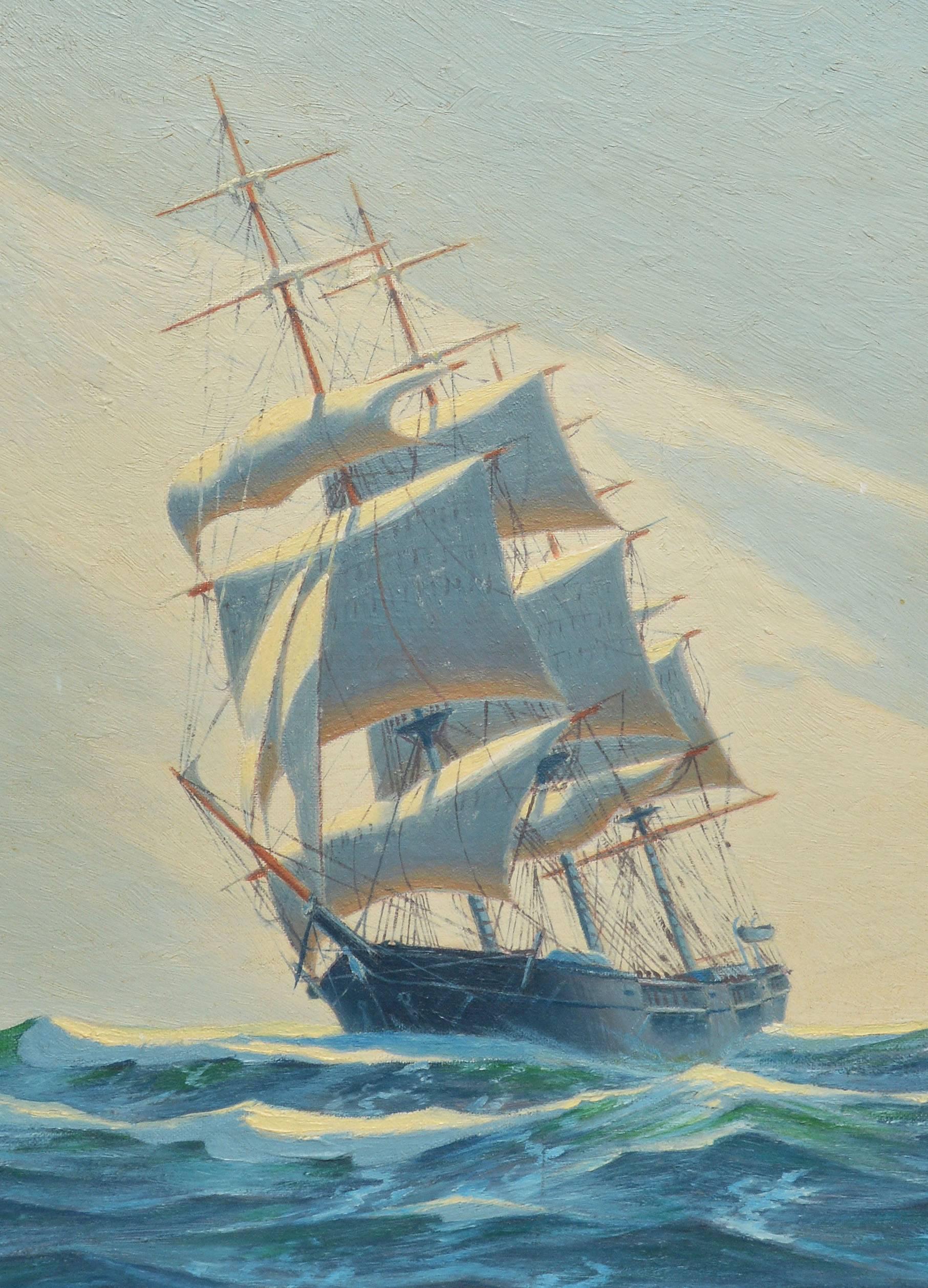 Impressionist view of a sailboat at sea by Henry Bernahl  (1900 - 1984).  Oil on board, circa 1930.  Signed lower left "Henry Bernahl".  Displayed in a giltwood frame.  Image size, 14"L x 18"H, overall 16"L x 20"H.