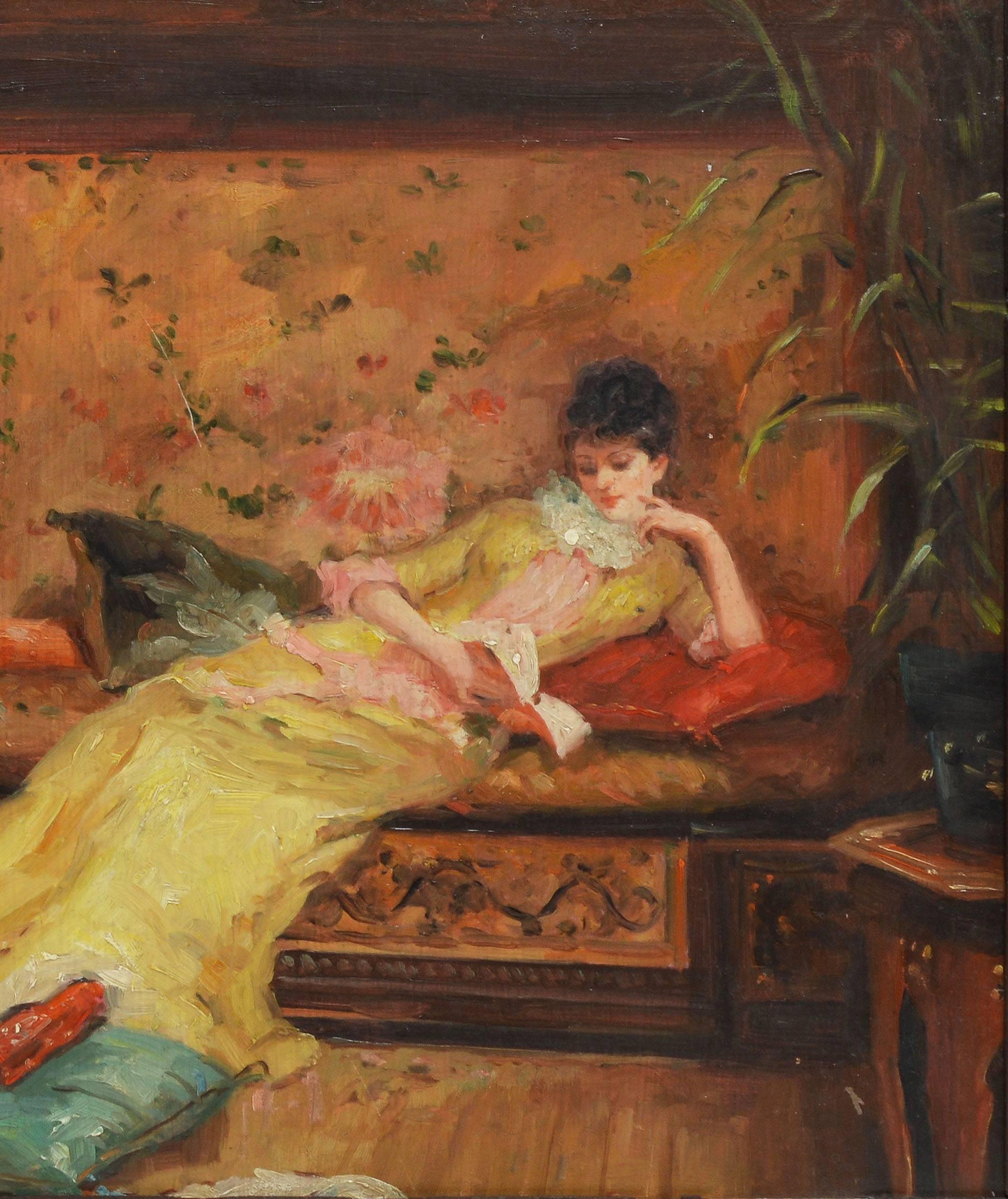 Impressionist figure painting of a woman reading.  Oil on board, circa 1900.  Unsigned.  Displayed in a giltwood frame.  Image size, 13