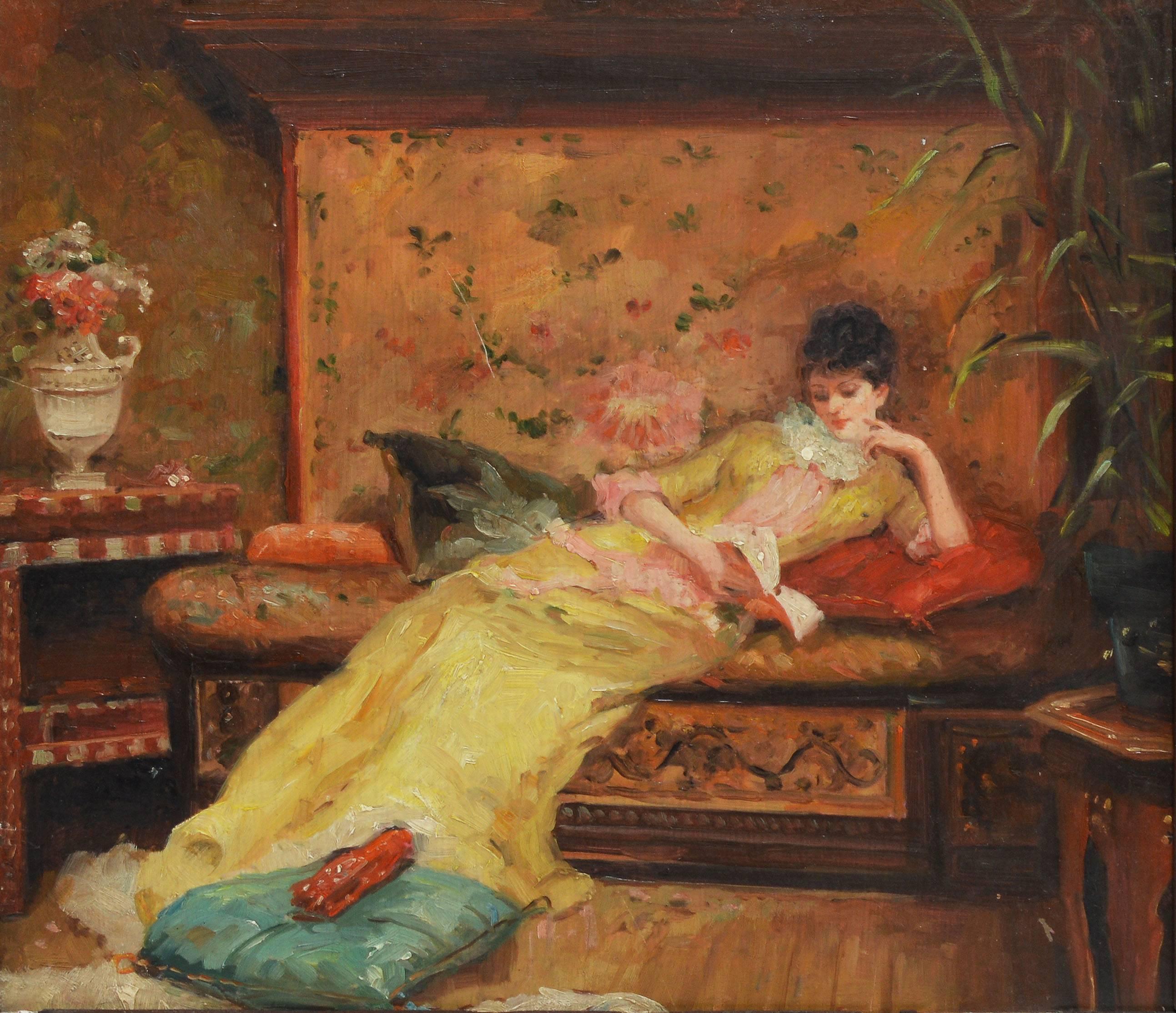 American School Portrait, Reading in the Parlour - Impressionist Painting by Unknown