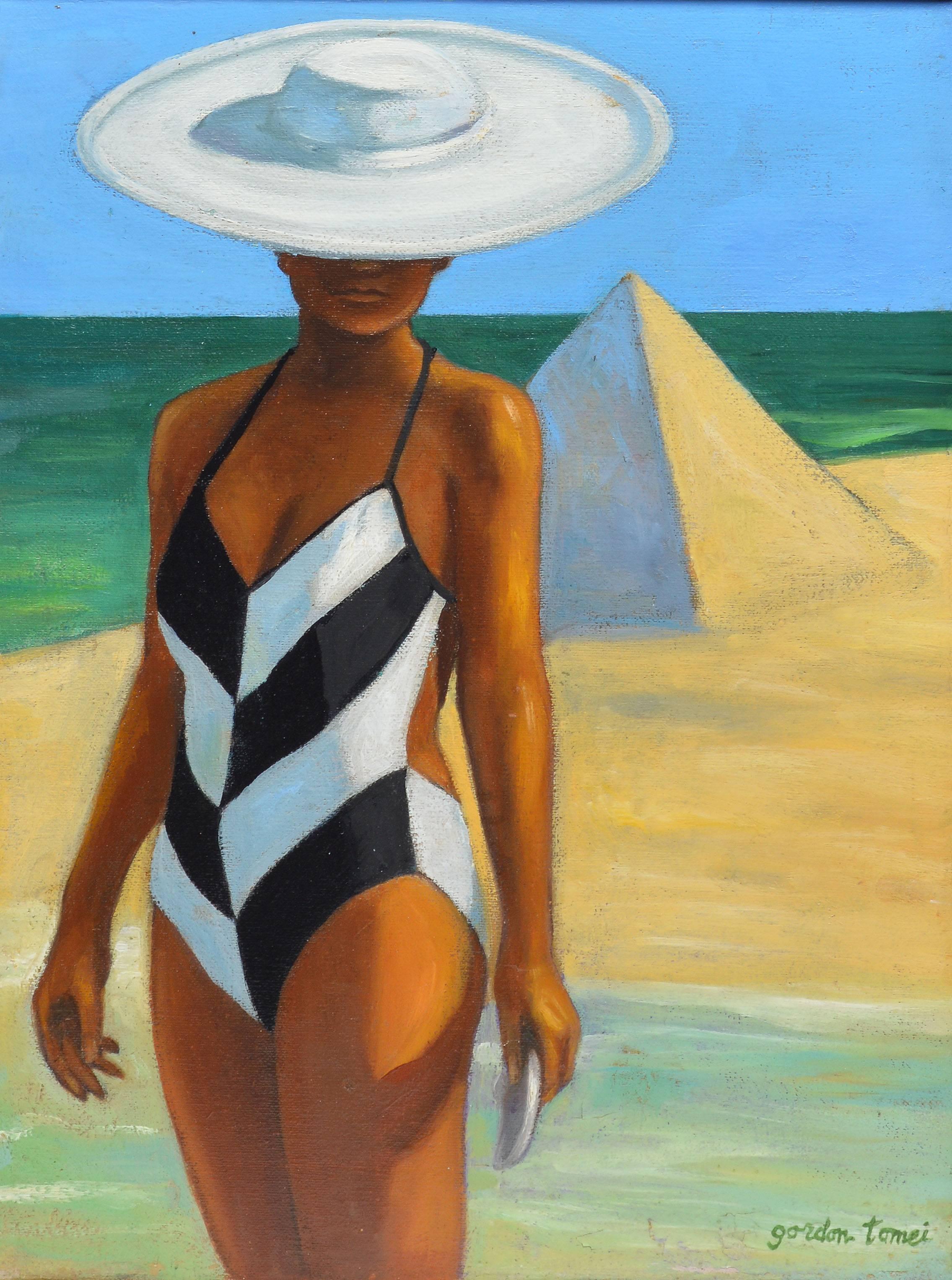 Modernist beach view with a figure and pyramid.  Oil on canvas, circa 1960.  Signed lower right, 