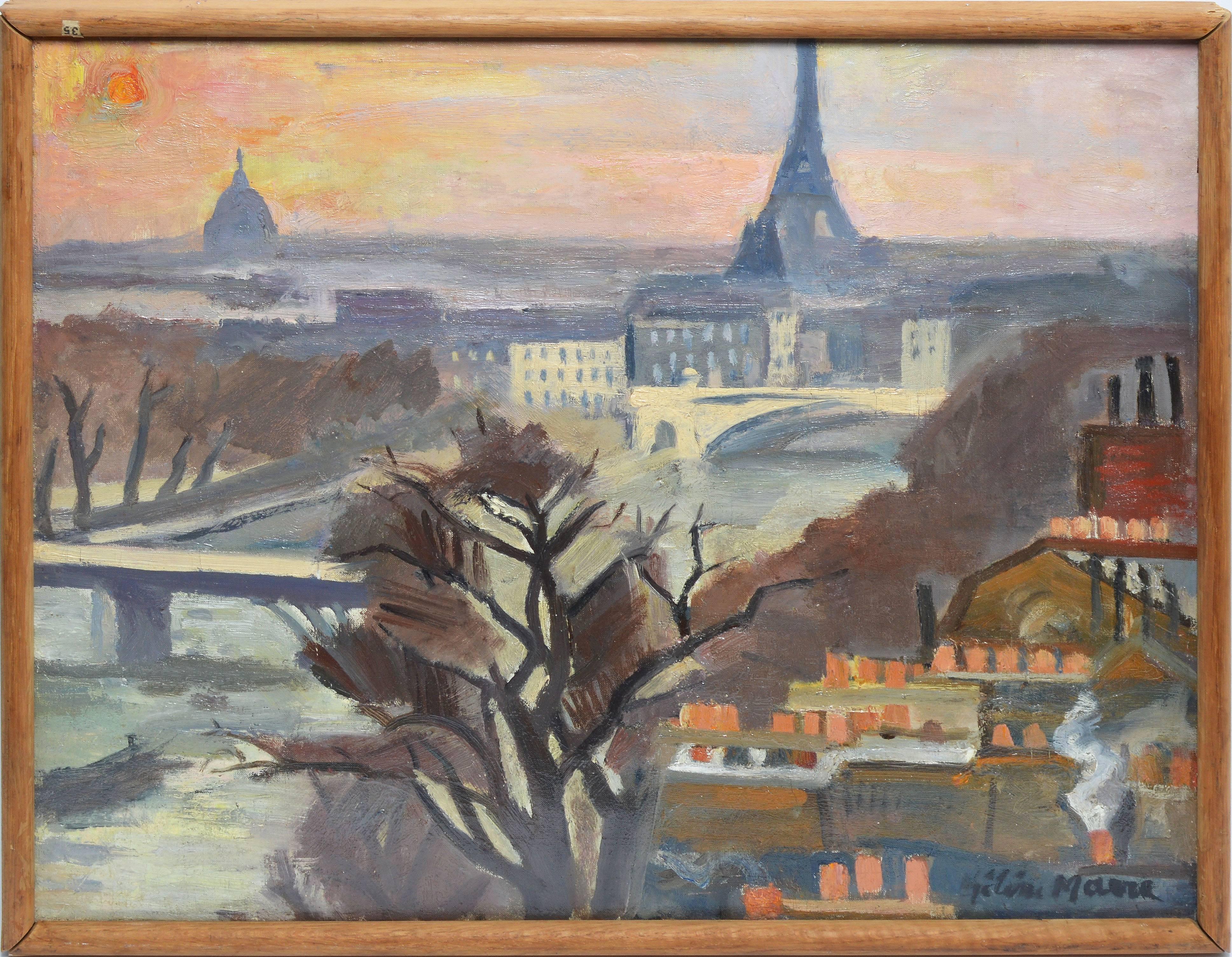 Impressionist cityscape of Paris with a sunset by Helen Marre (1891-1968).  Oil on canvas, circa 1930.  Signed lower right, "Helen Marre".  Displayed in a natural wood frame.  Image size, 21"L x 18"H, overall 22"L x 19"H.