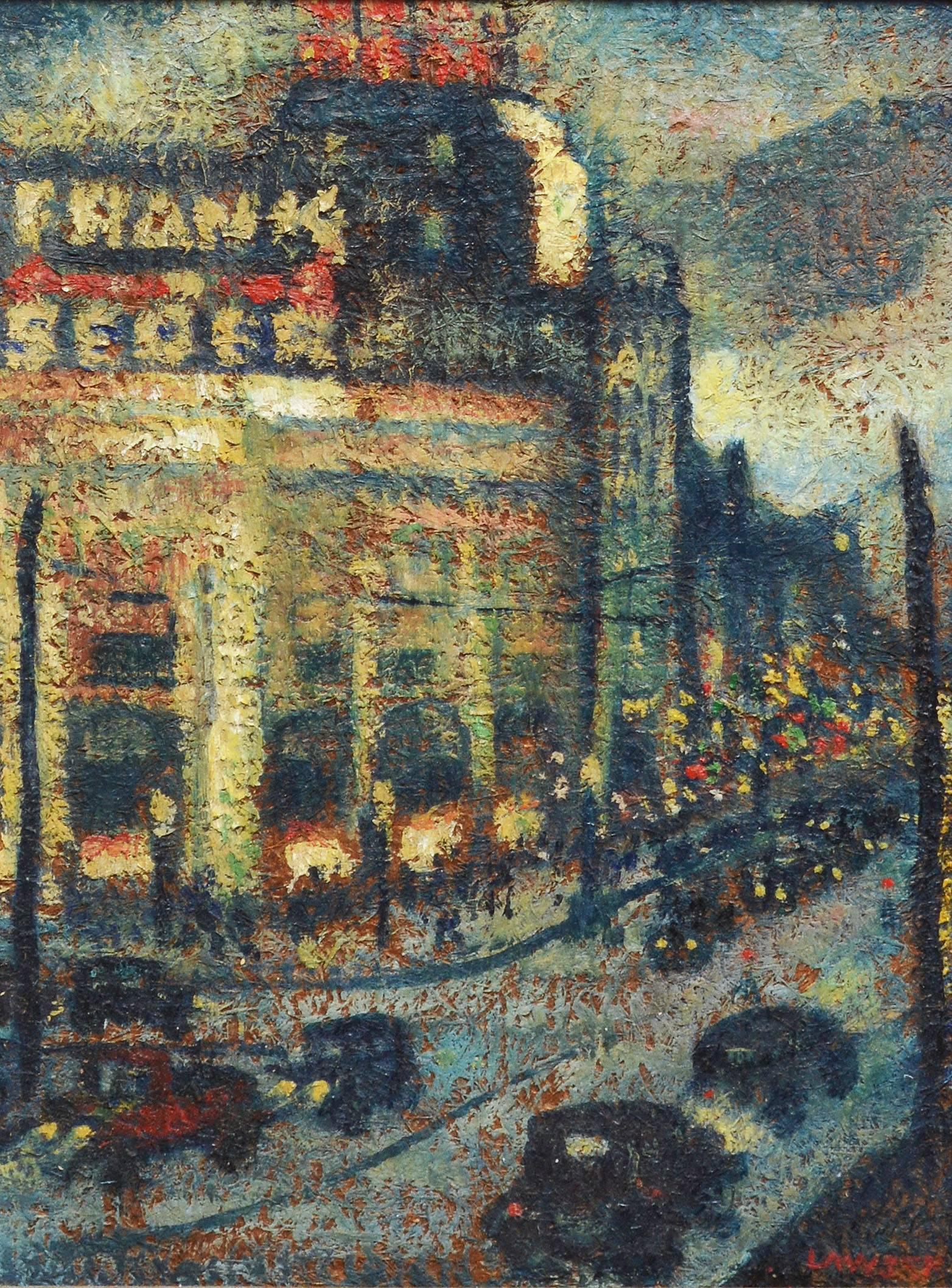 Ashcan School Cityscape View of a Busy New York Street at Night - Impressionist Painting by Unknown