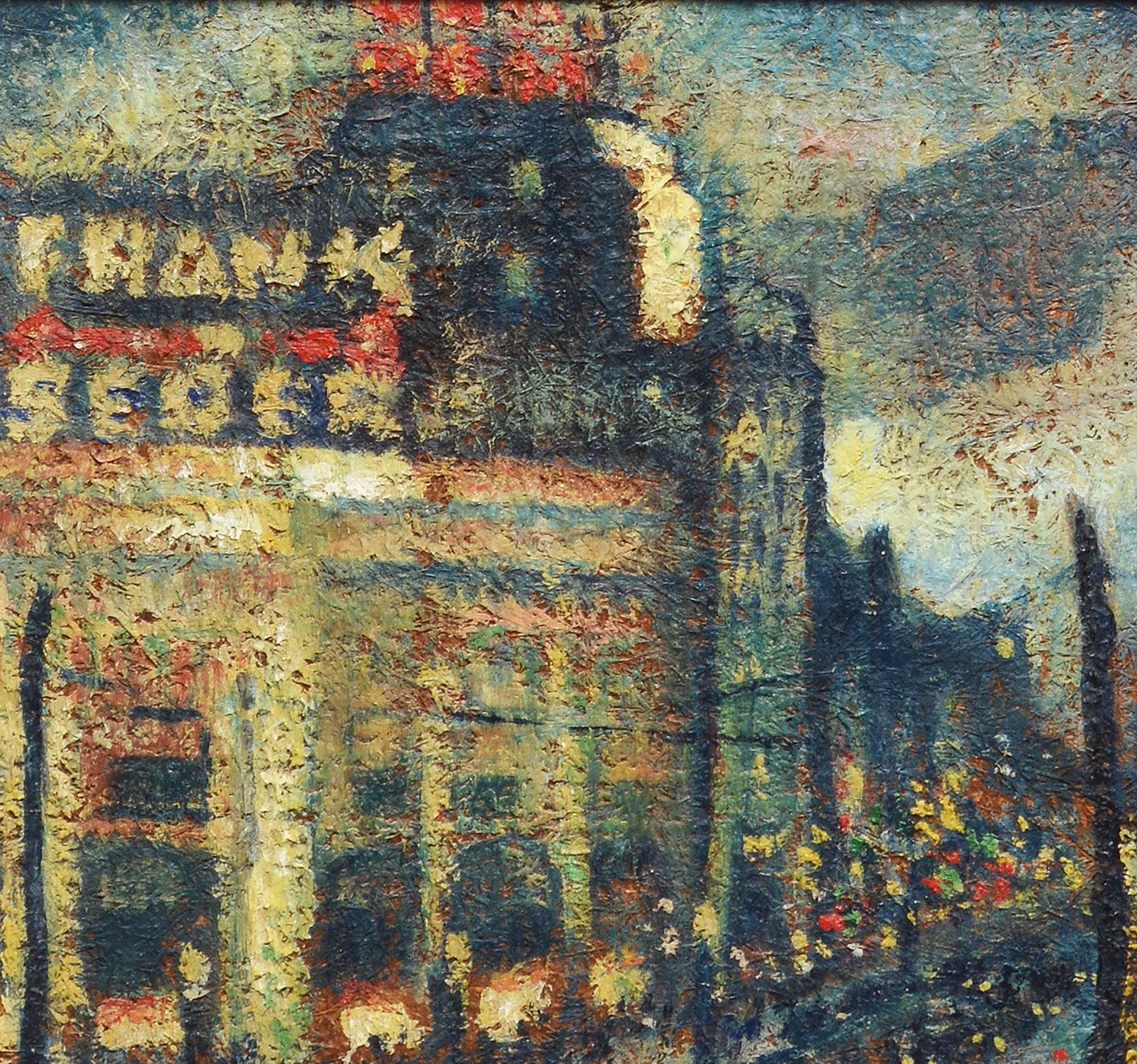 Aschcan school cityscape of New York.  Oil on board, circa 1925.  Signed illegibly lower right.  Displayed in a period giltwood frame.  Image size, 9