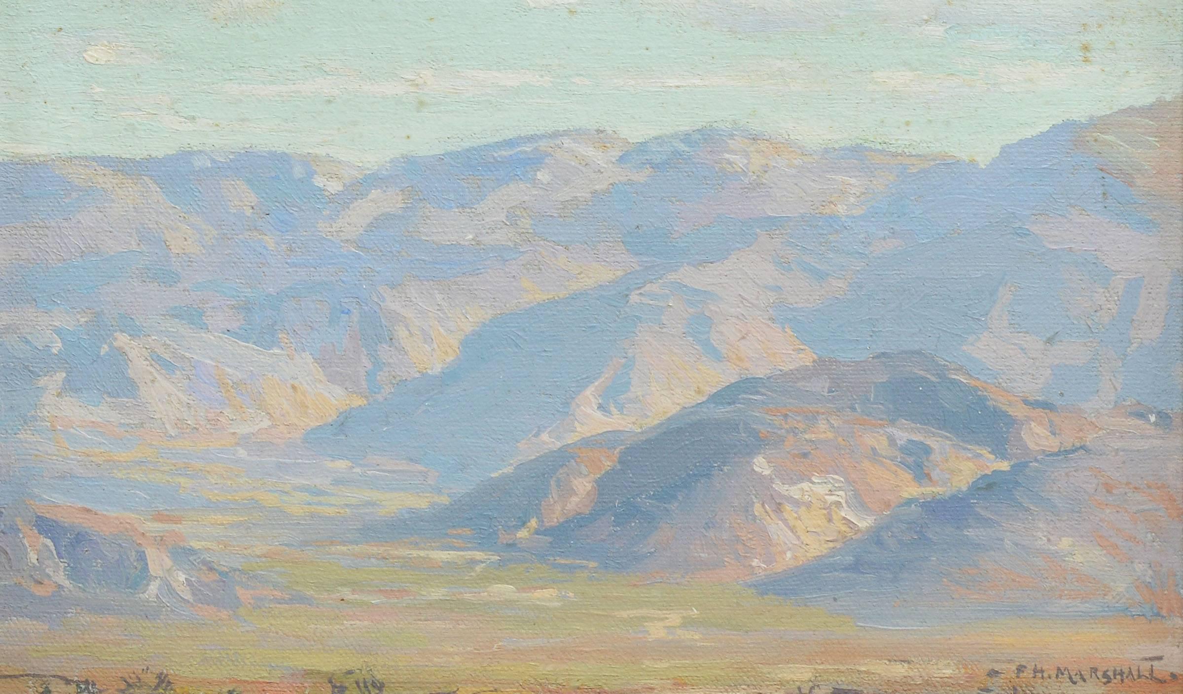 Impressionist landscape of Banning Canyon, California by Frank Howard Marshall (1866-1945).  Oil on board, circa 1910.  Signed lower right, "F. H. Marshall".  Displayed in a white wood frame.  Image size, 10"L x 8"H, overall