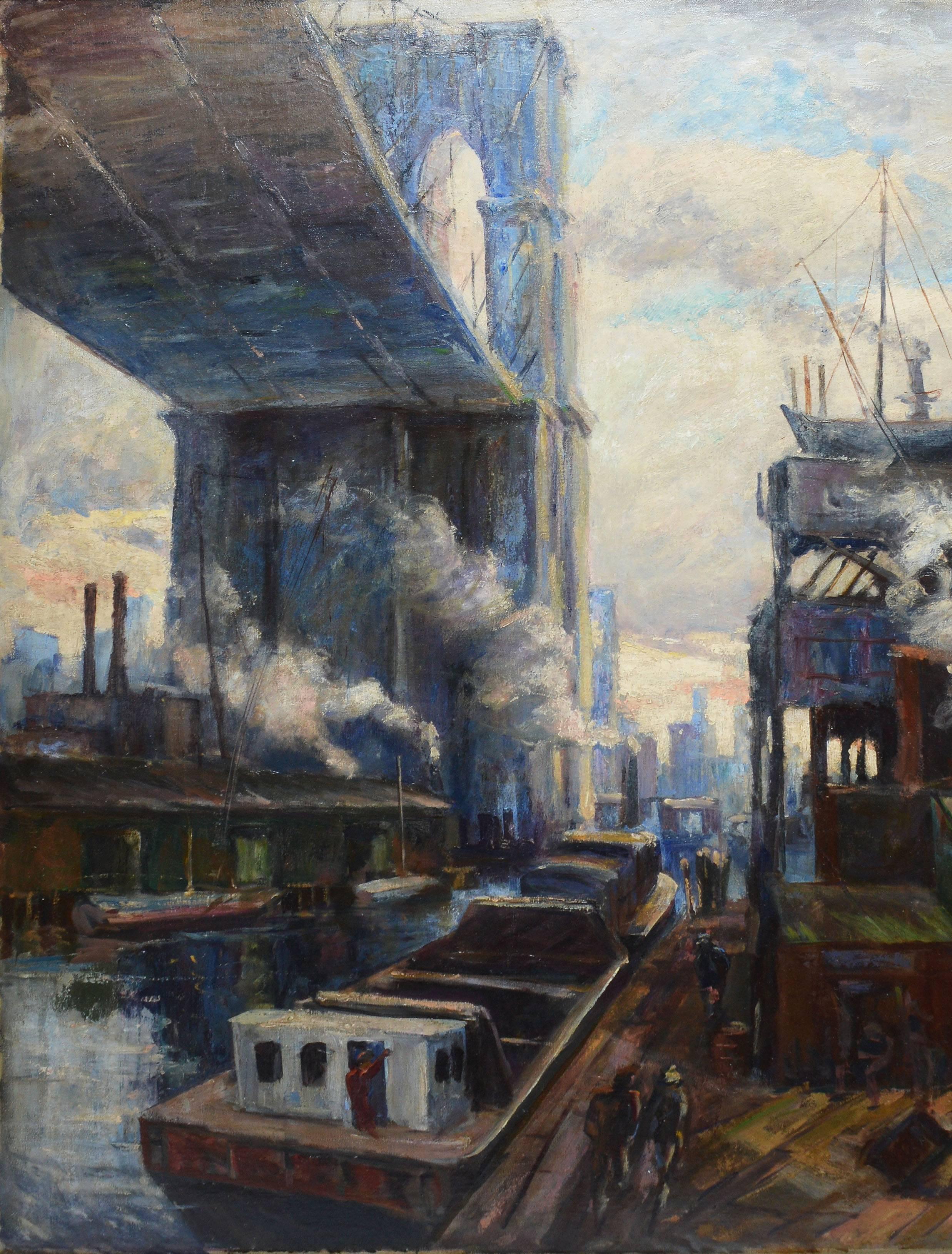 Impressionist oil painting of the Brooklyn Bridge by Sebastian Mineo.  Oil on canvas, circa 1920.  Signed lower right, 