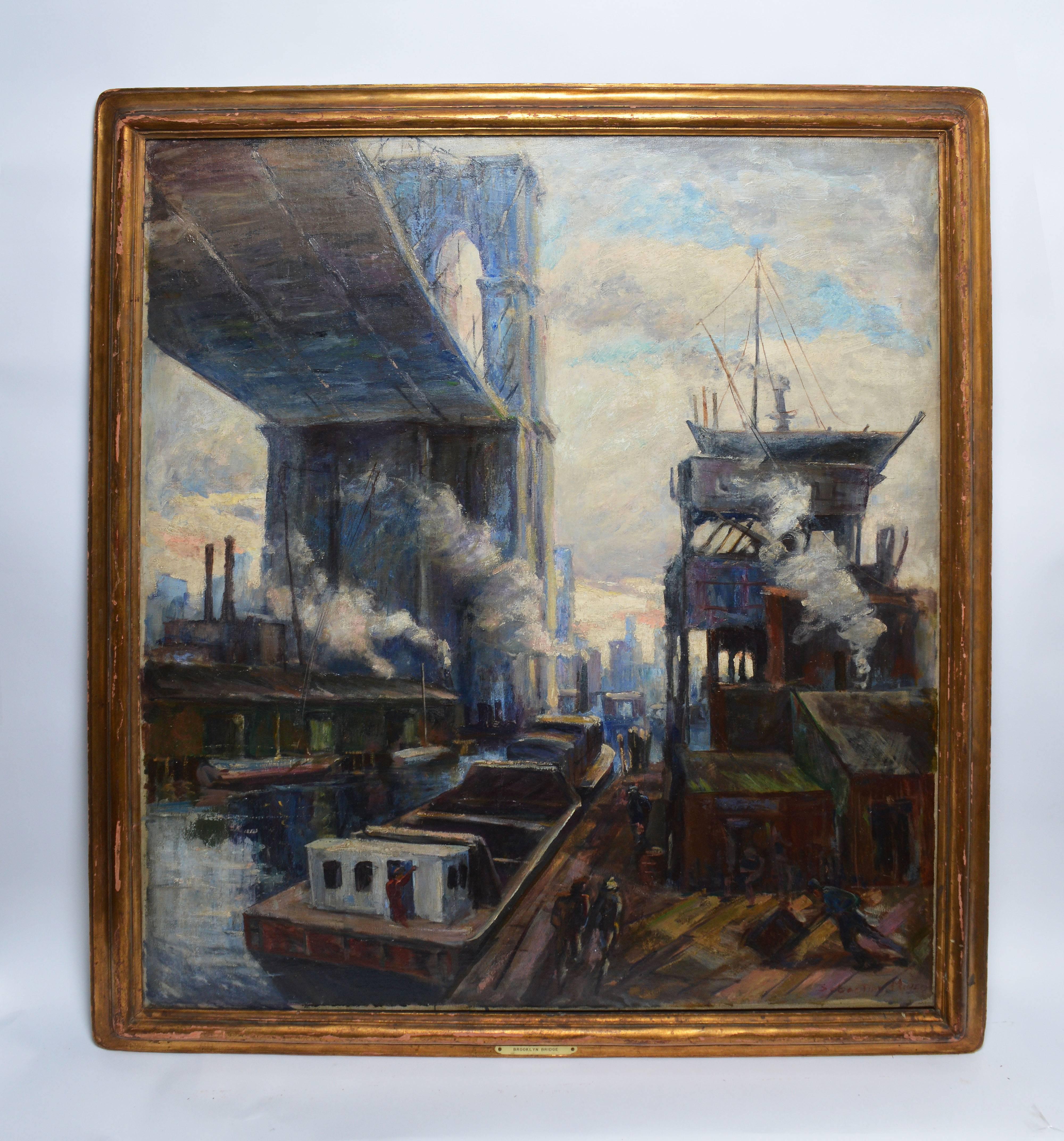 View from Under the Brooklyn Bridge - Painting by Sebastian Mineo