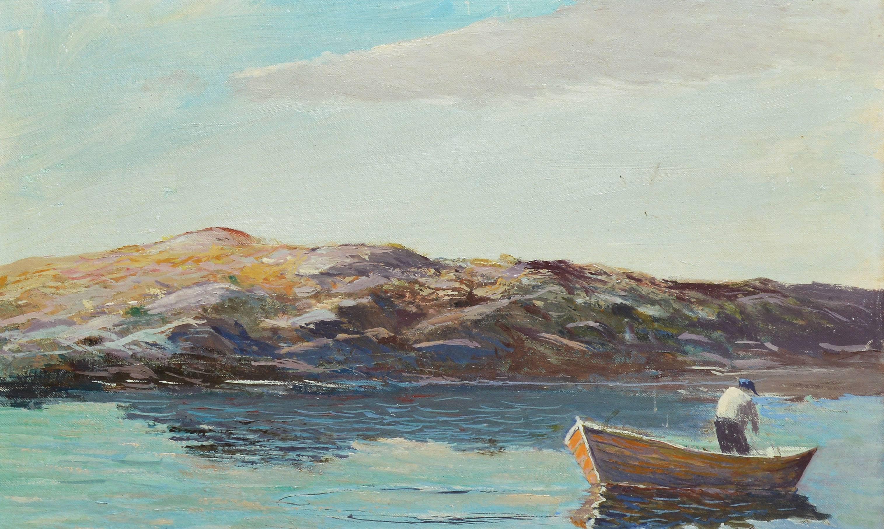 View of Mohegan Maine with a Fisherman - Brown Landscape Painting by Unknown
