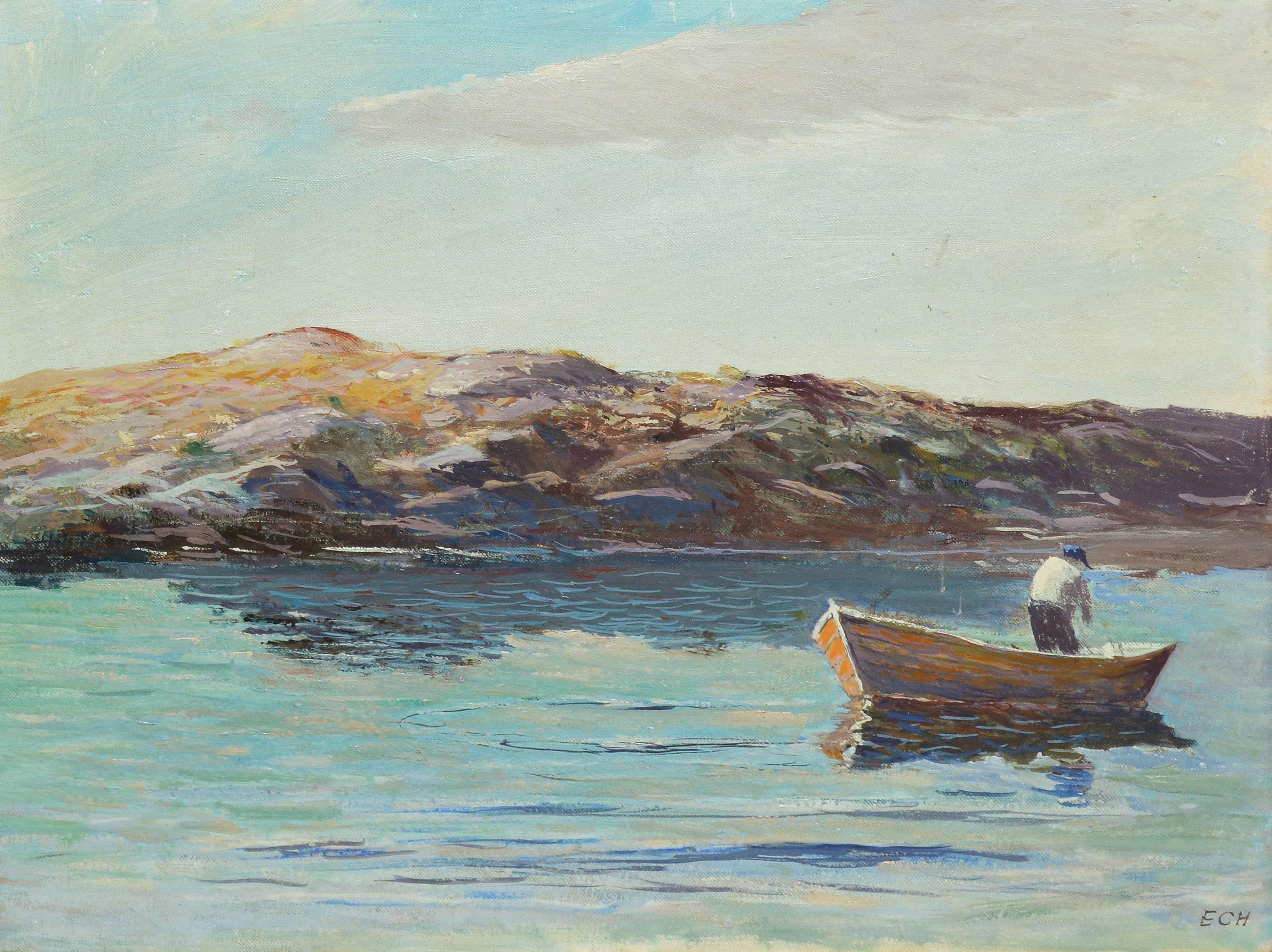 View of Mohegan Maine with a Fisherman - Impressionist Painting by Unknown
