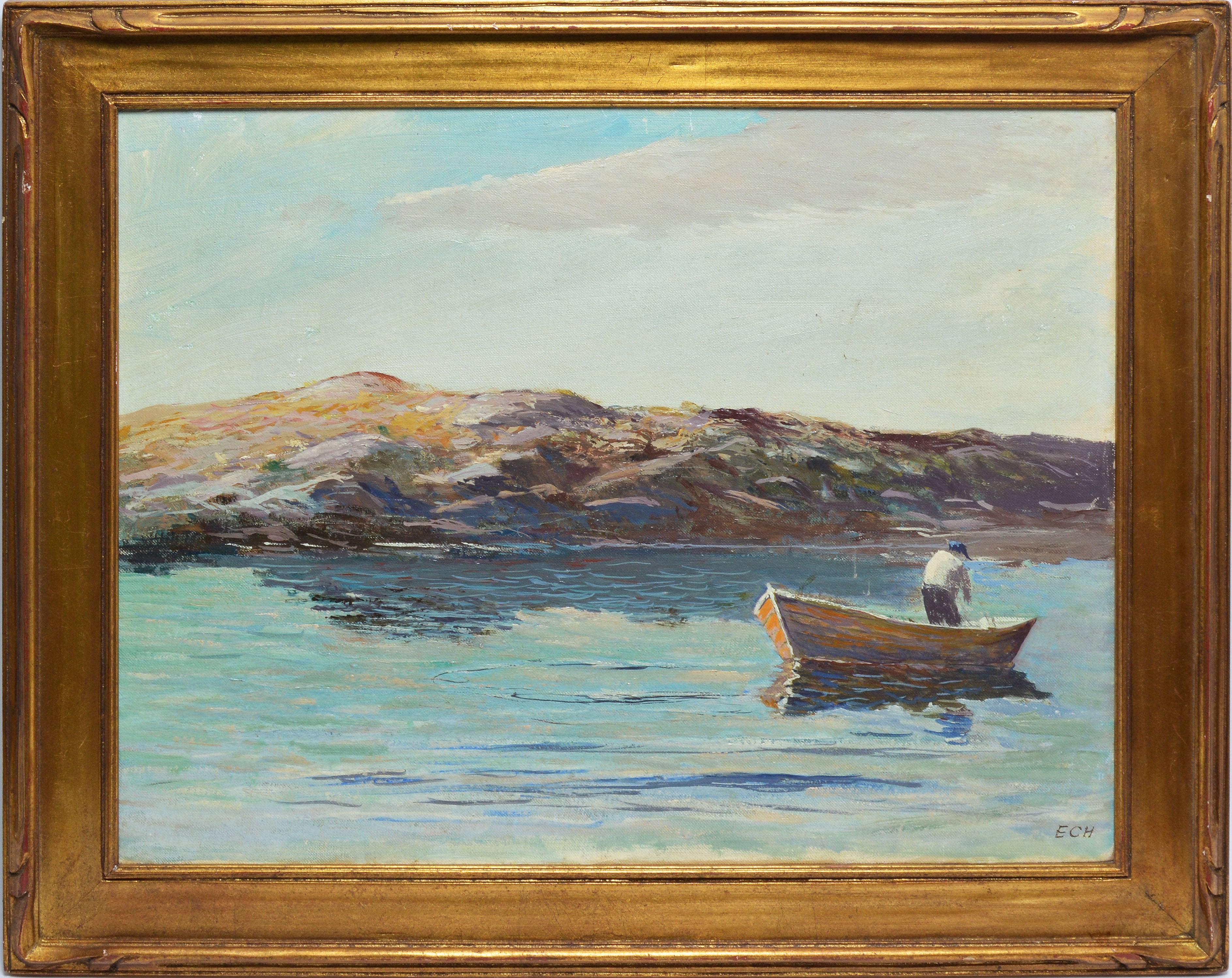 Unknown Landscape Painting - View of Mohegan Maine with a Fisherman