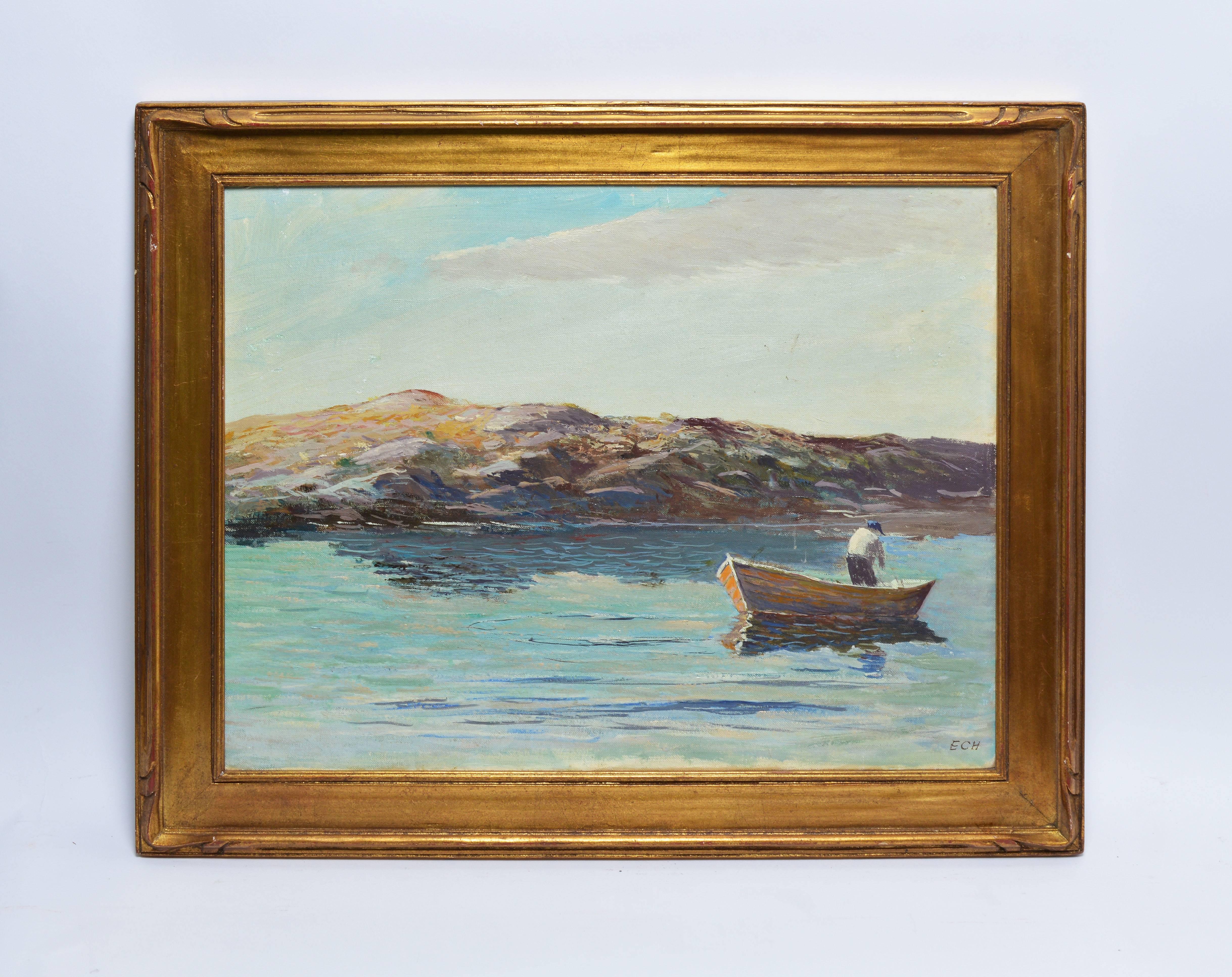 View of Mohegan Maine with a Fisherman - Painting by Unknown