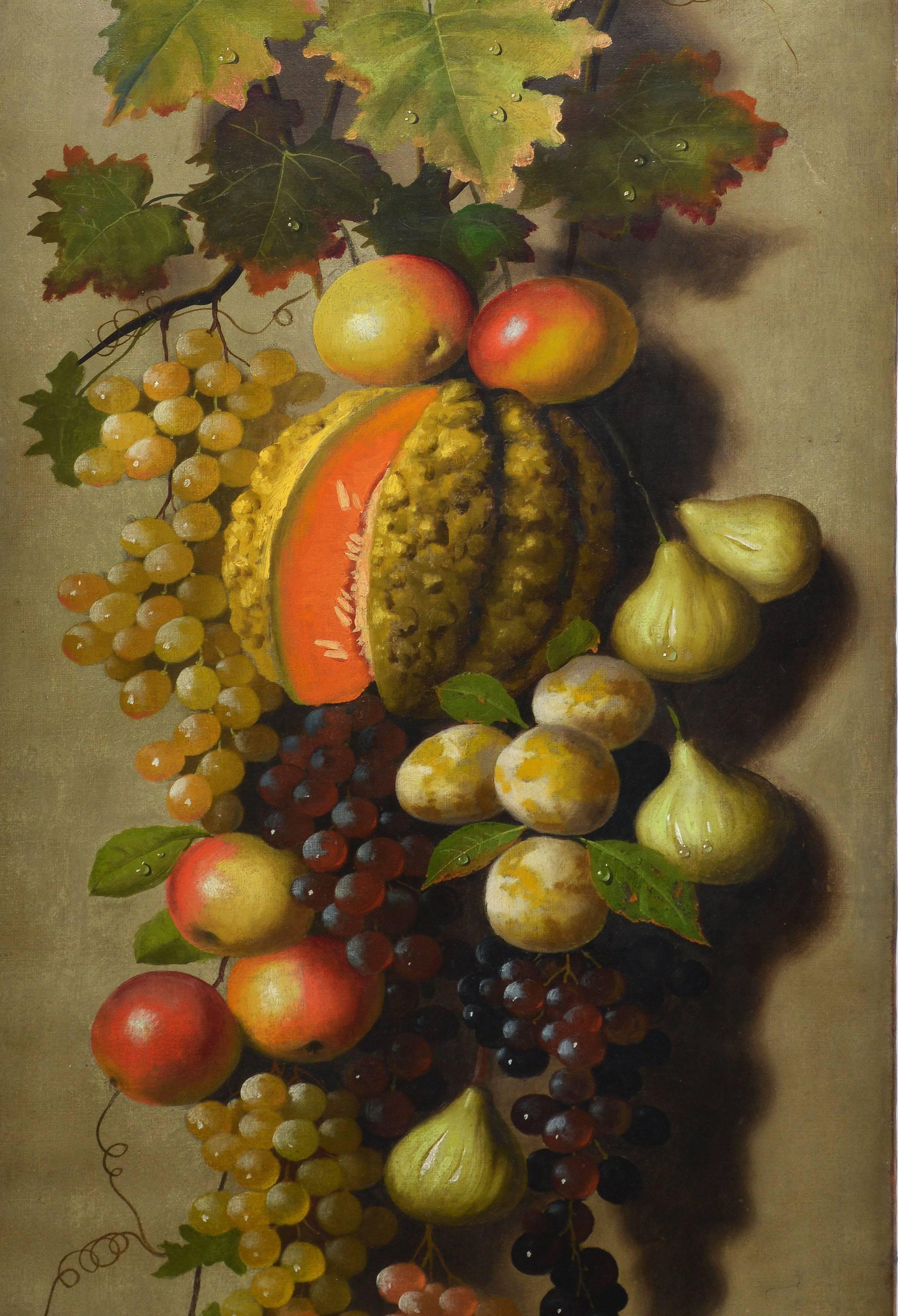 Realist fruit still life oil painting by Michelangelo Meucci  (1840 - 1890).  Oil on canvas, circa 1880.  Signed lower left, 