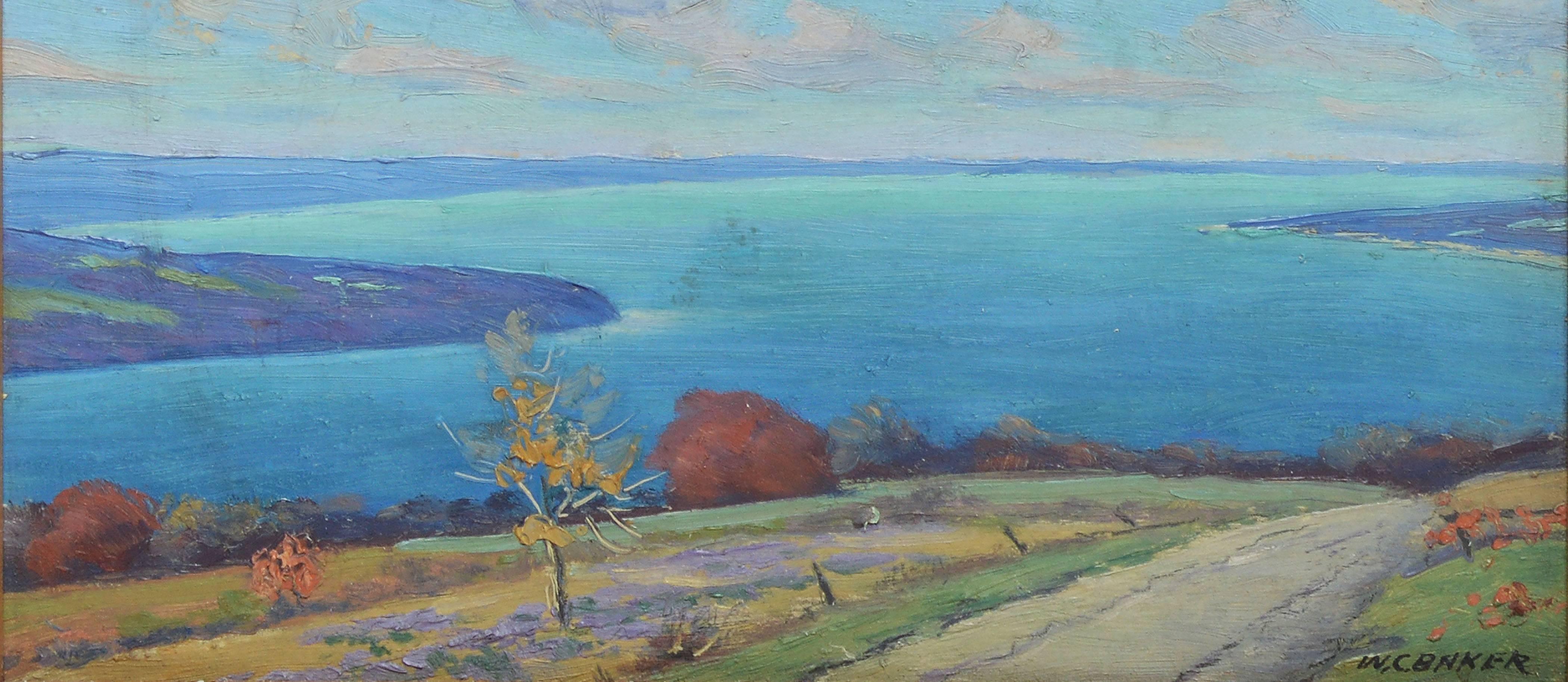 Impressionist landscape of the Finger Lakes by William Baker  (1872 - 1958).  Oil on board, circa 1920.  Signed lower right, 