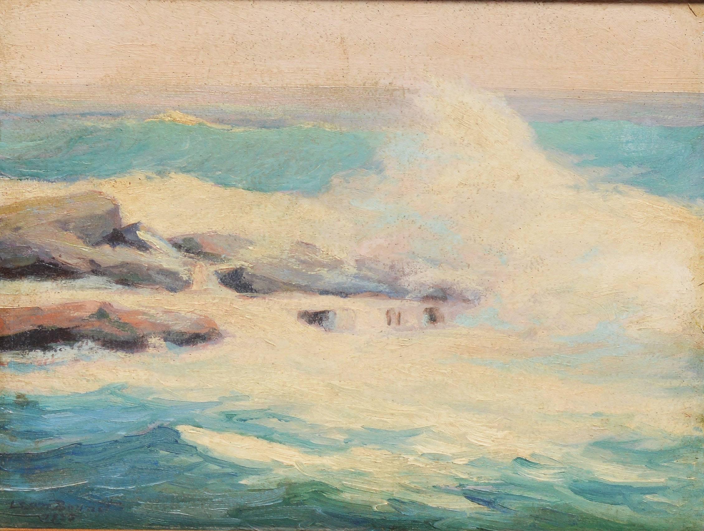 Impressionist beach view with crashing waves by Leon Bonnet  (1868 - 1936).  Oil on board, circa 1910.  Signed lower left, 