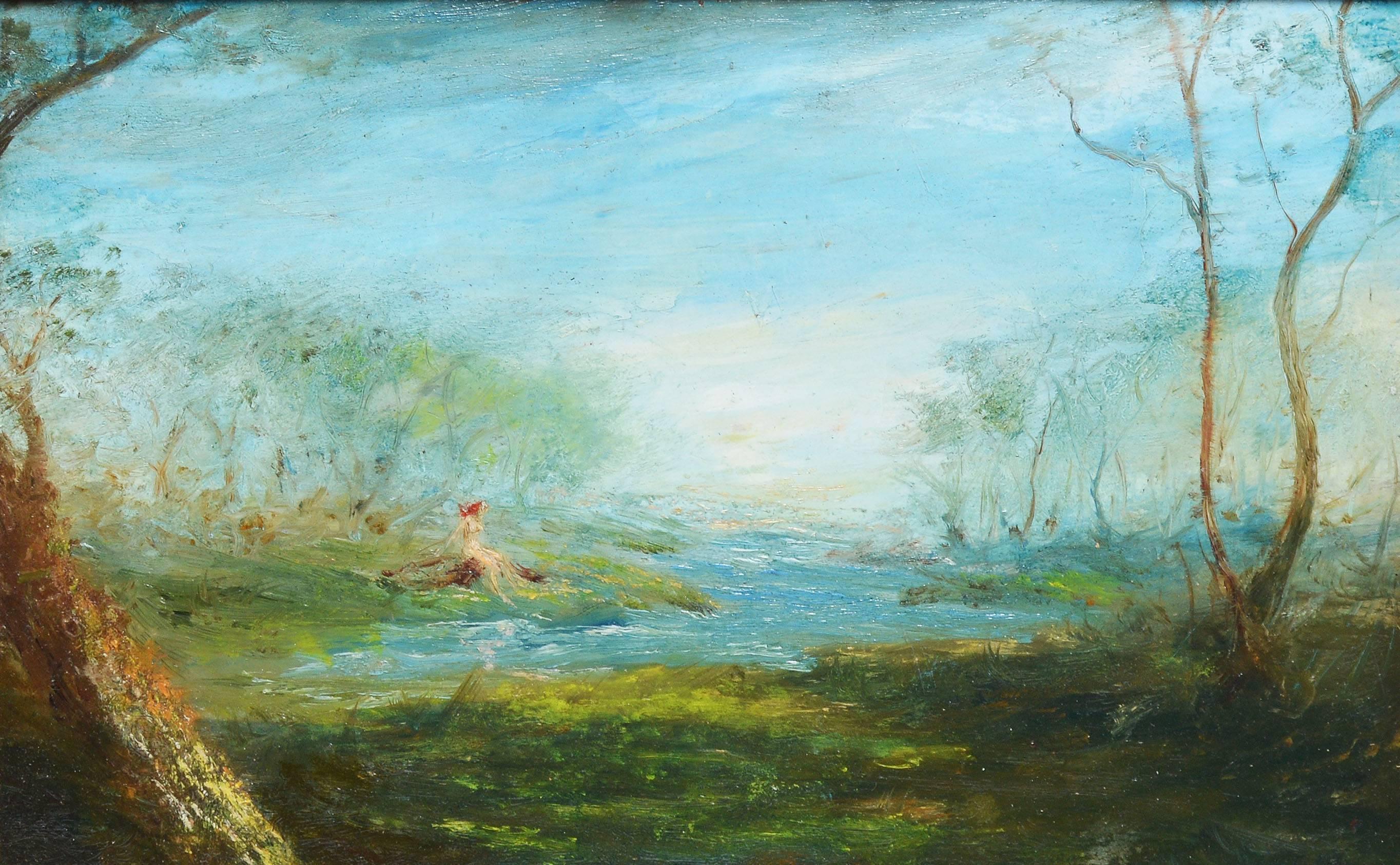 Nude Woman Bathing Along a River Edge - Impressionist Painting by Unknown