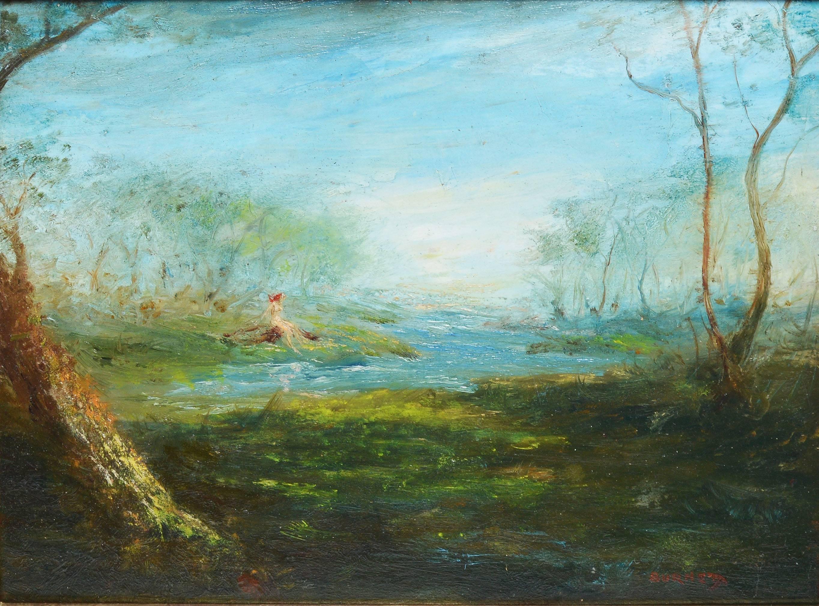 Nude Woman Bathing Along a River Edge - Brown Landscape Painting by Unknown