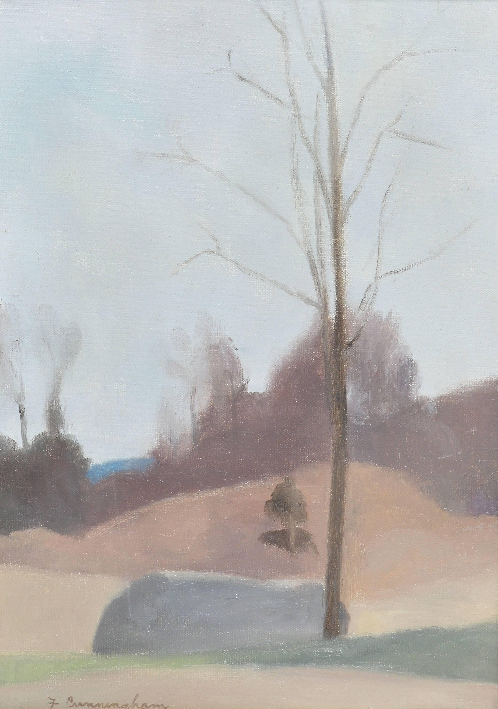 Modernist morning landscape painting by Fern Cunningham Stone (1899-1975).  Oil on canvas, circa 1960. Signed lower right, 