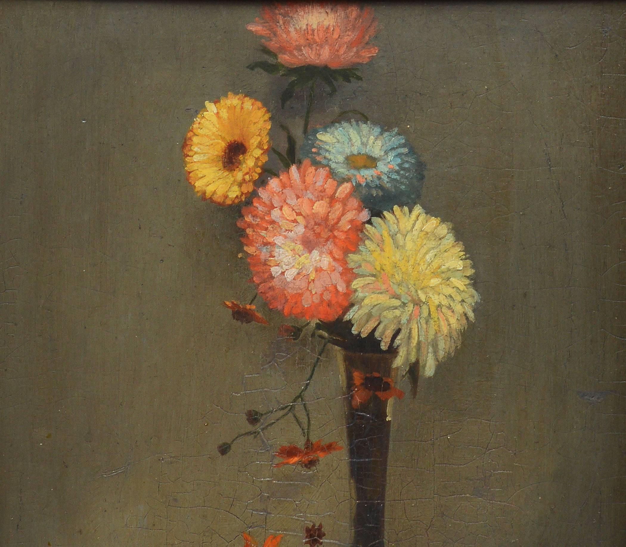 Classic floral still life painting.  Oil on board, circa 1900.  Unsigned.  Displayed in a giltwood frame with a linen liner.  Image size, 8