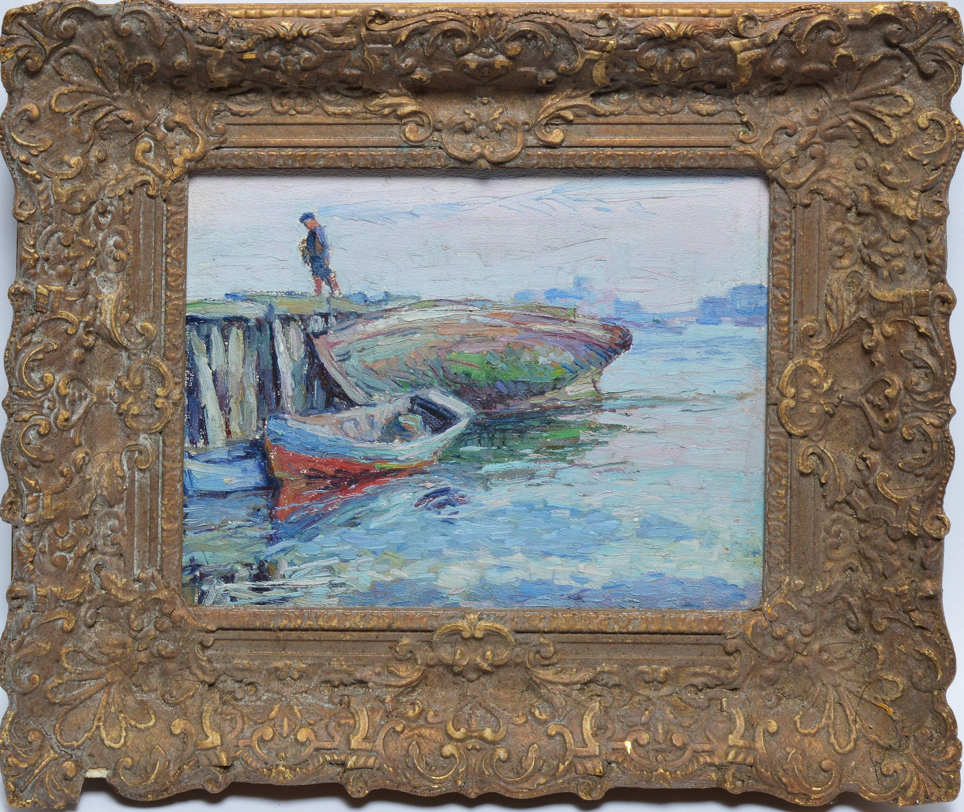 Impressionist seascape with a figure and fishing boats by George Renouard.  Oil on board, circa 1928.  Titled on verso, "Christmas Morning 1928".  Displayed in a giltwood frame.  Image size, 10"L x 8"H, overall 15"L x 13"H.