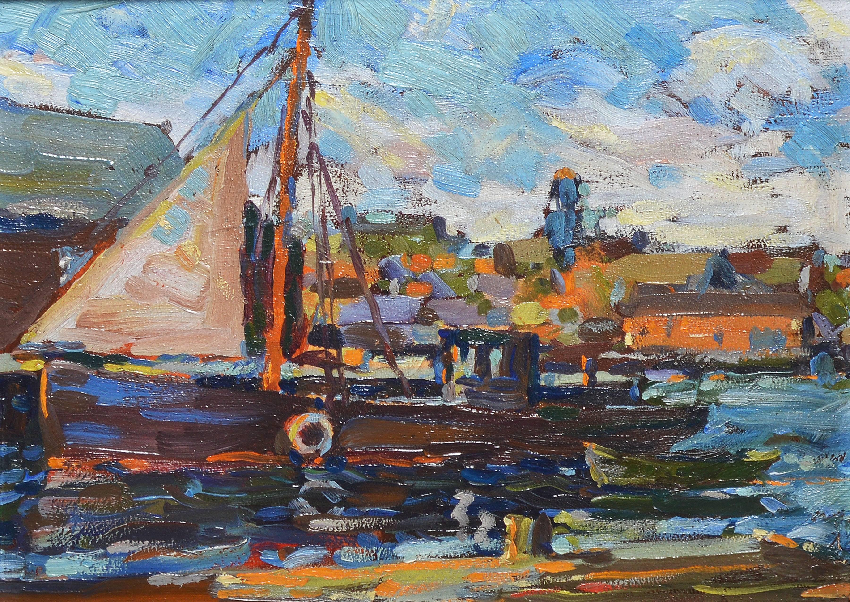 Impressionist oil painting of Gloucester Harbor by William Stevens  (1888-1969).  Oil on board, circa 1910.  Signed on back 