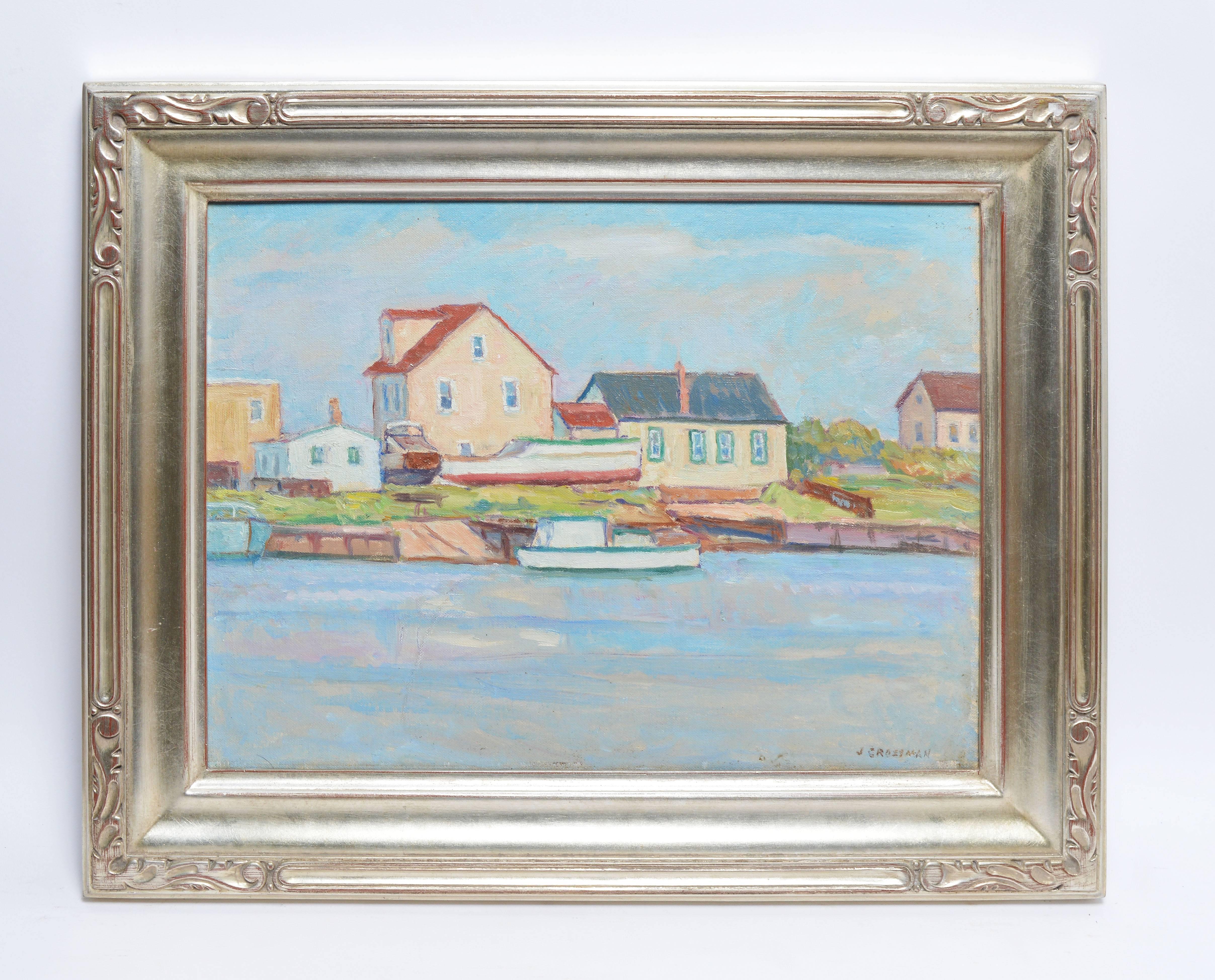 Impressionist harbor view with boats by Joseph Grossman  (born 1889).  Oil on board, circa 1930.  Signed lower right, 