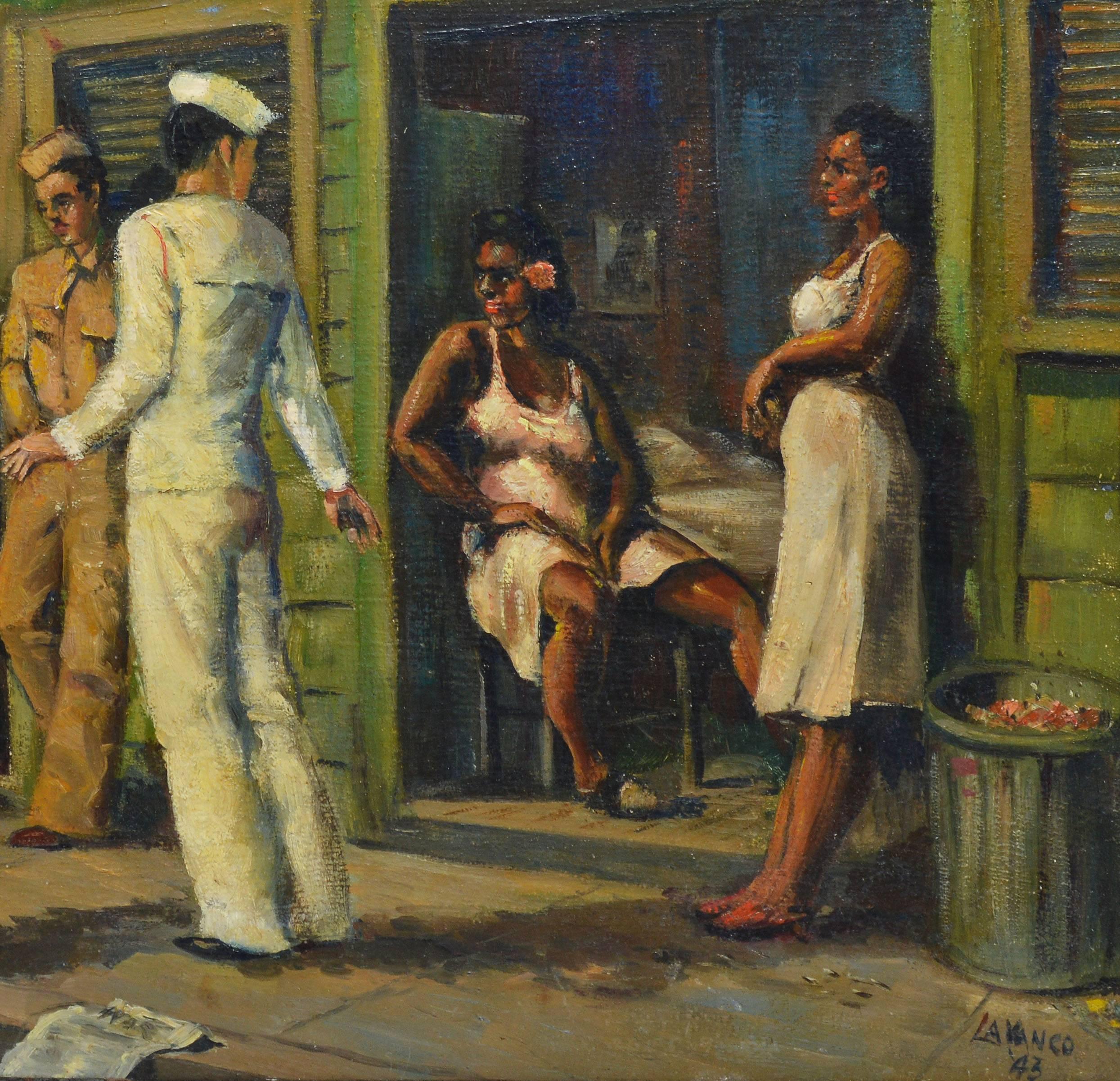 Sailors in Port, Panama 1942 - Black Figurative Painting by Unknown