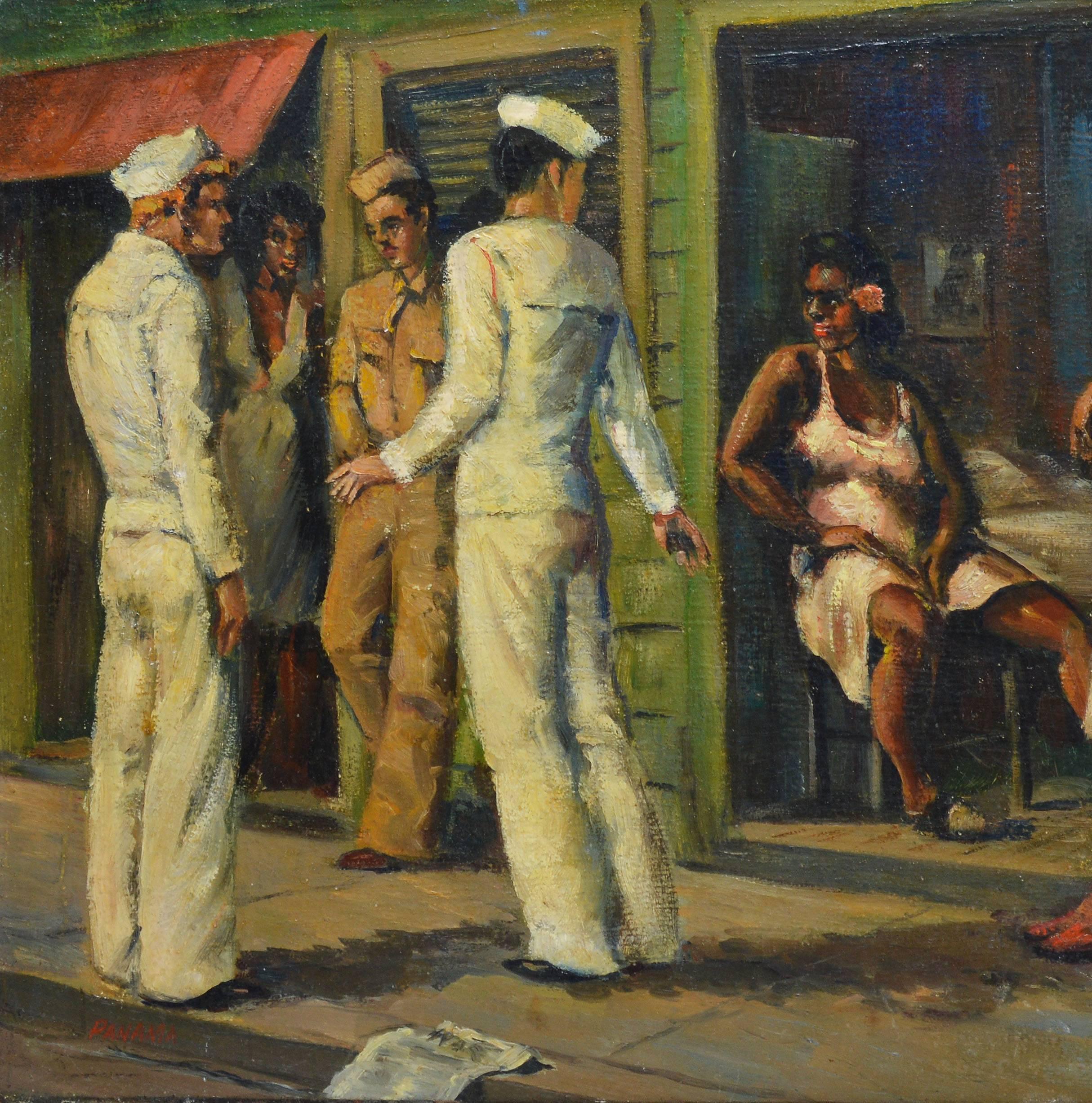 Modernist cityscape painting with sailors in a port.  Oil on board, circa 1942.  Signed lower right, 