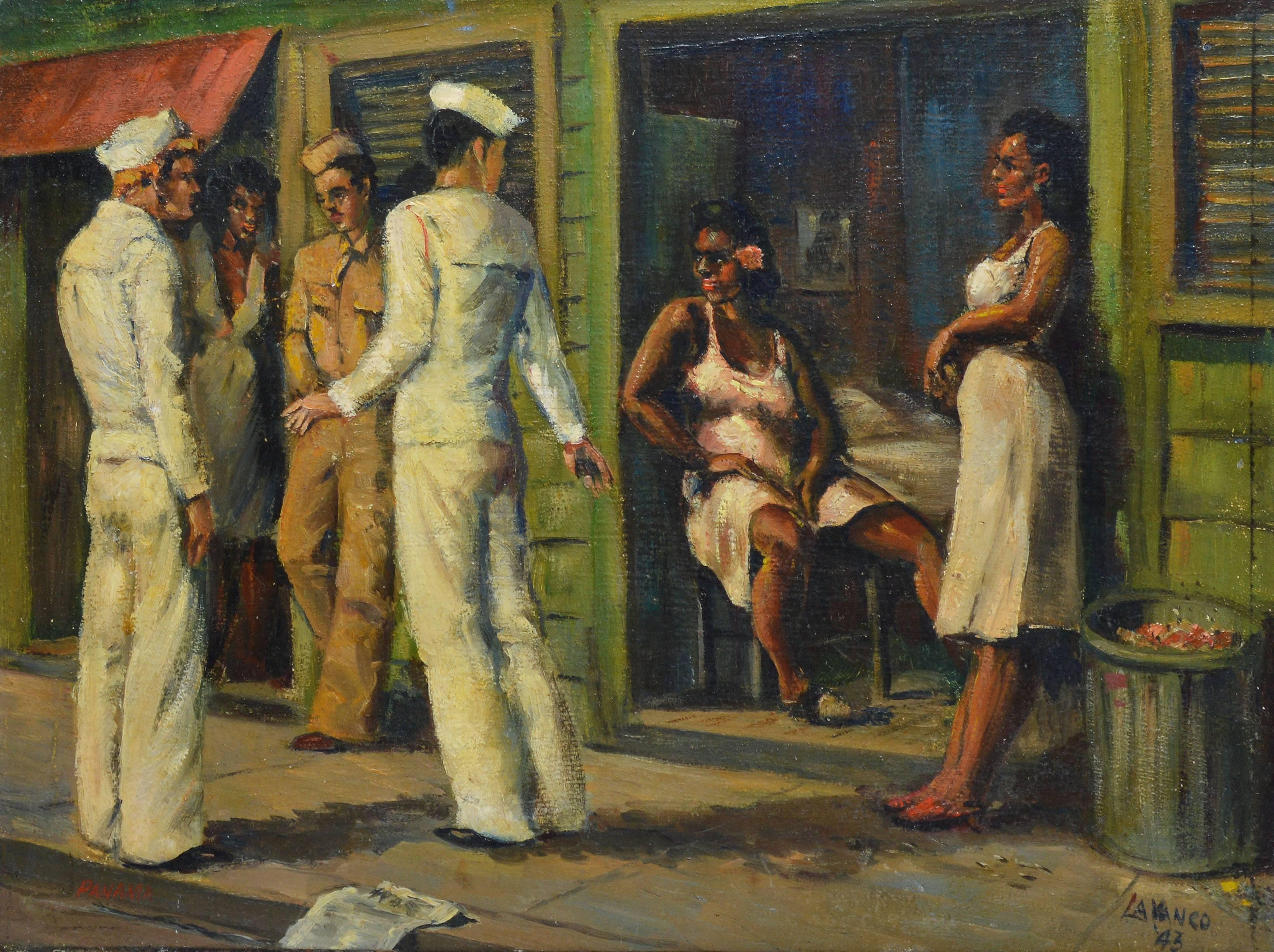 Sailors in Port, Panama 1942 - Modern Painting by Unknown