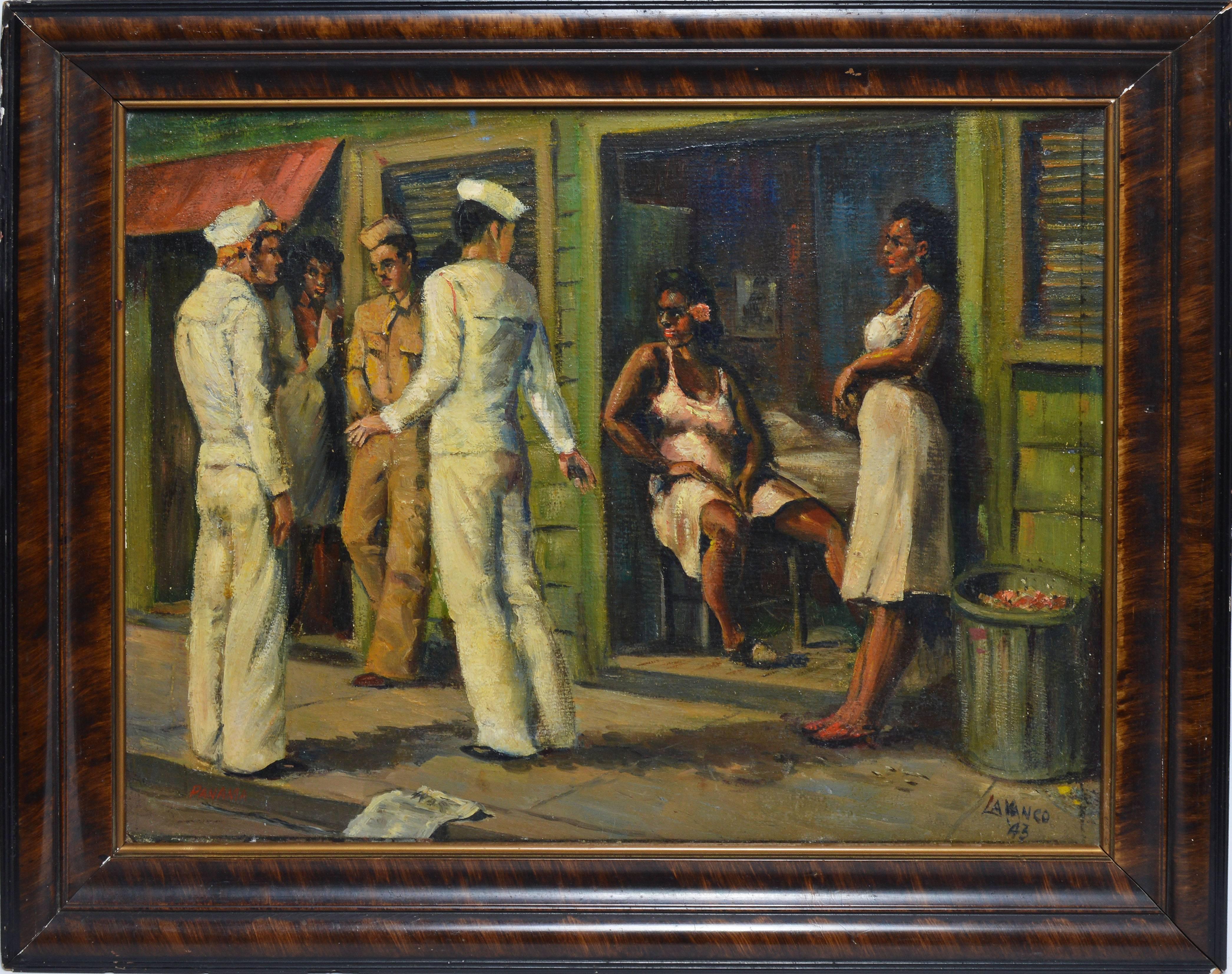 Unknown Figurative Painting - Sailors in Port, Panama 1942