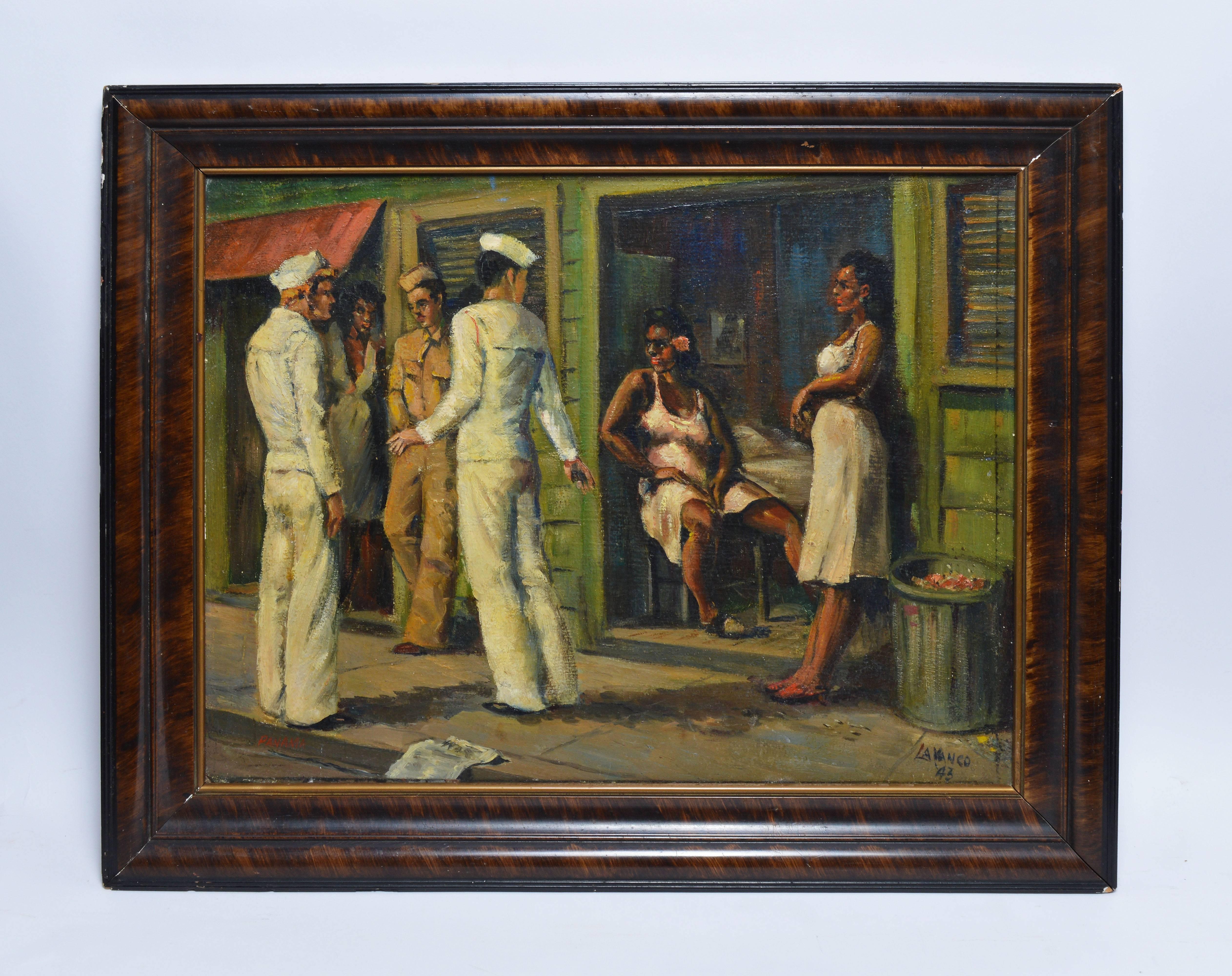 Sailors in Port, Panama 1942 - Painting by Unknown