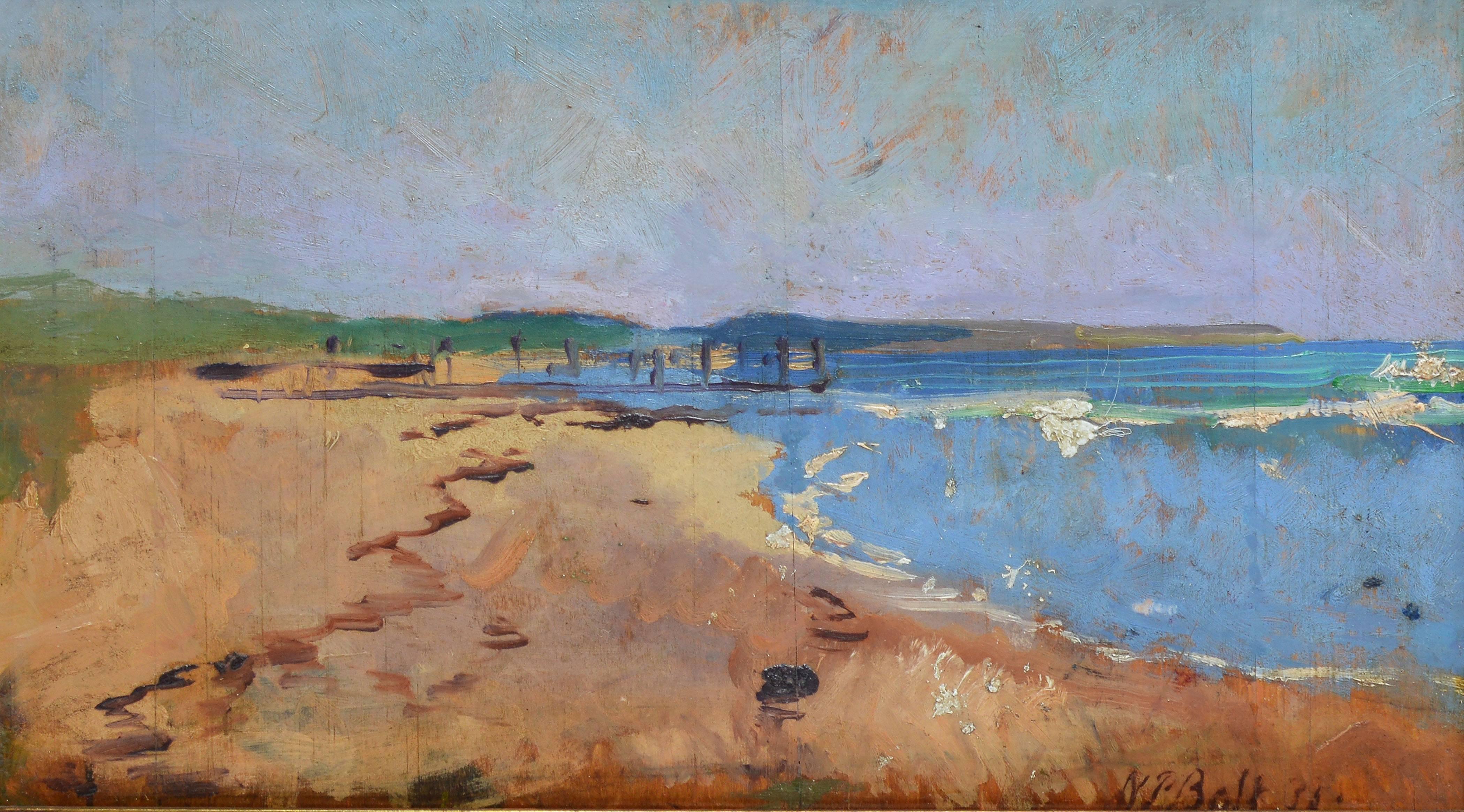 Modernist summer view of a beach.  Oil on board, circa 1935.  Signed illegibly lower right.  Displayed in a giltwood frame.  Image size, 17