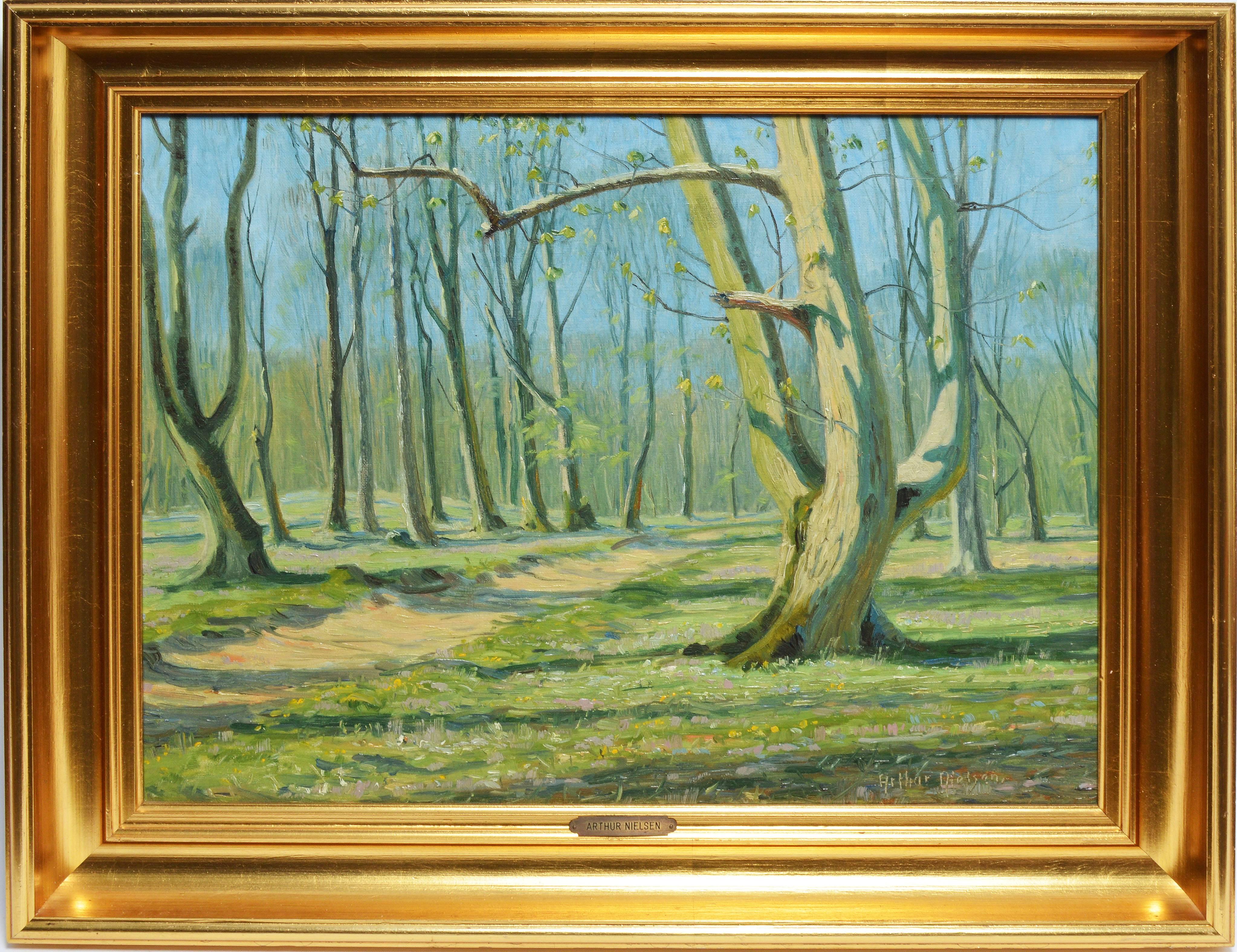 Impressionist sunlit landscape painting by Arthur Nielsen  (1883 - 1946).  Oil on canvas, circa 1910.  Signed lower right, "Arthur Nielsen".  Displayed in a giltwood frame.  Image size, 20"L x 15.5"H, overall 24"L x 20"H.